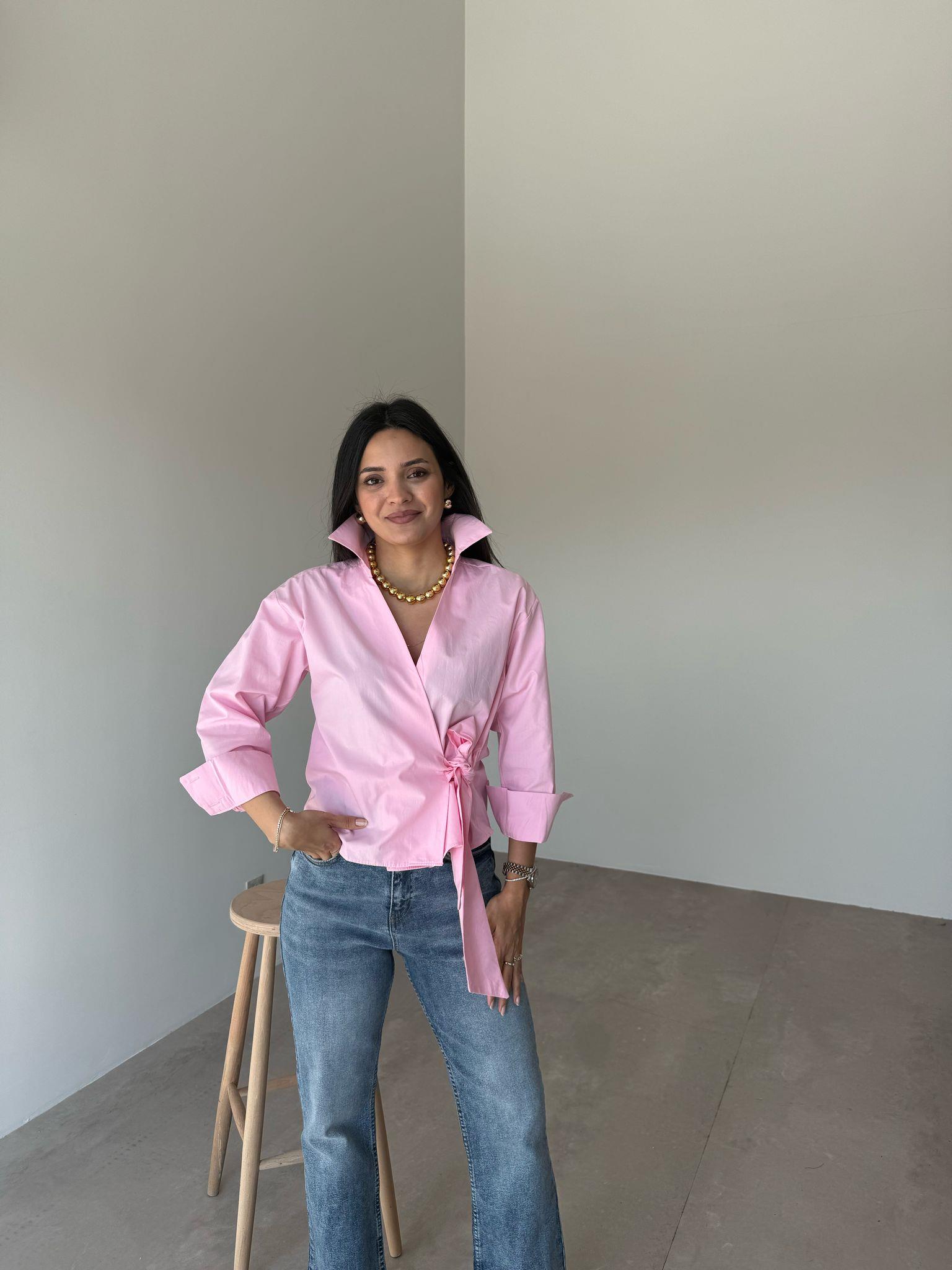 Pembe Bağlamalı Poplin Gömlek