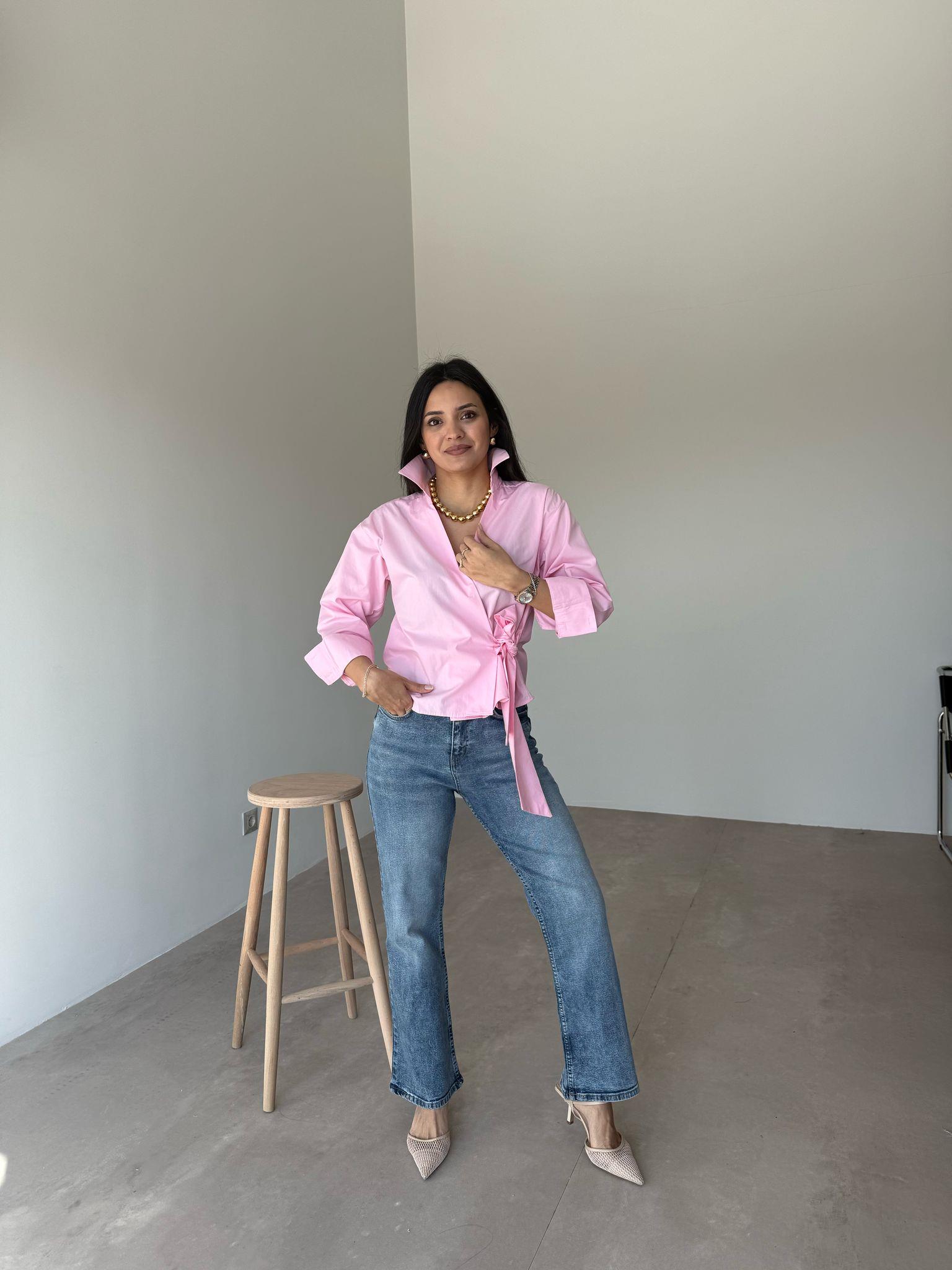 Pembe Bağlamalı Poplin Gömlek