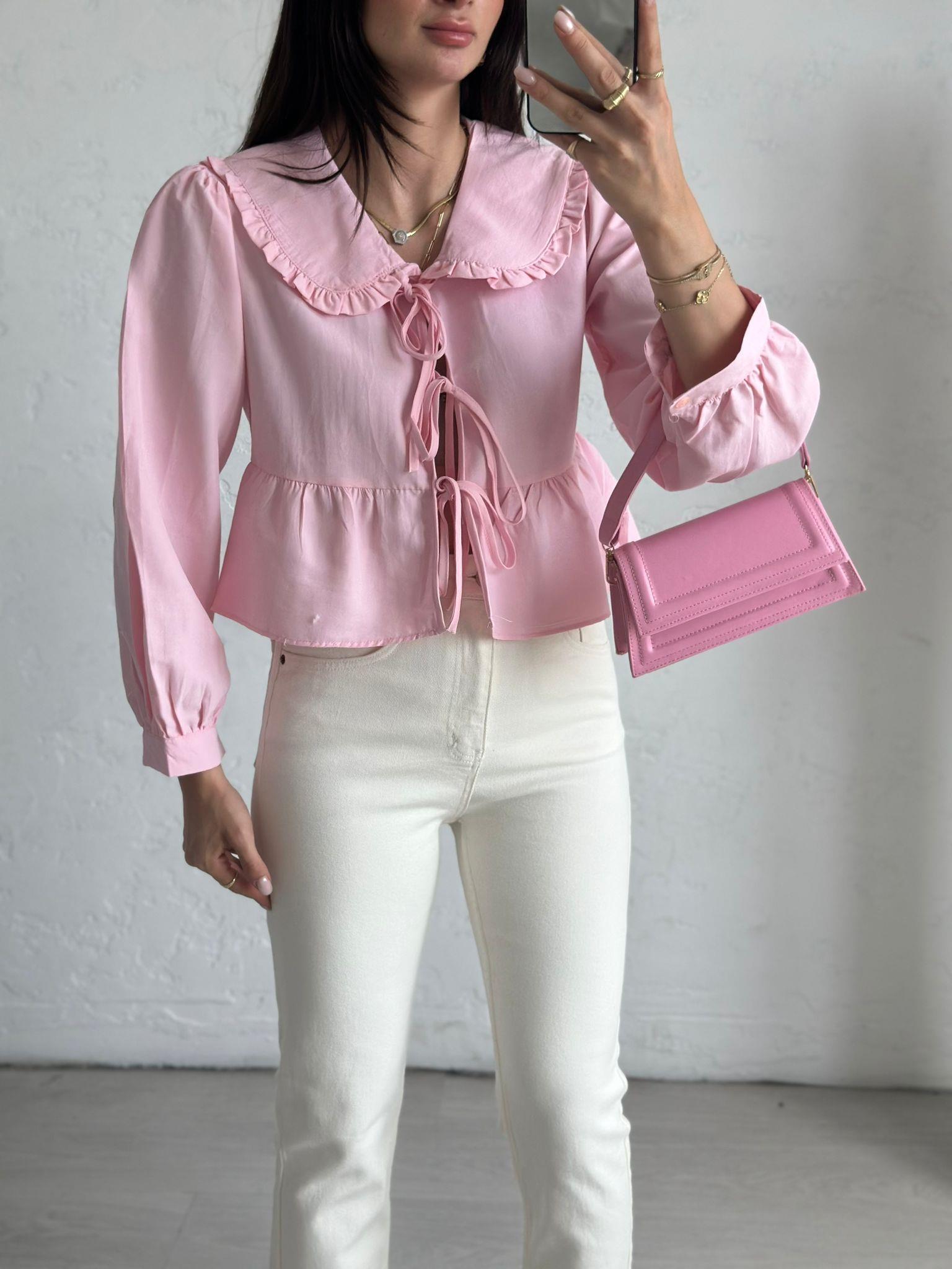 Pembe Bebe Yaka Önü Bağlamalı Gömlek
