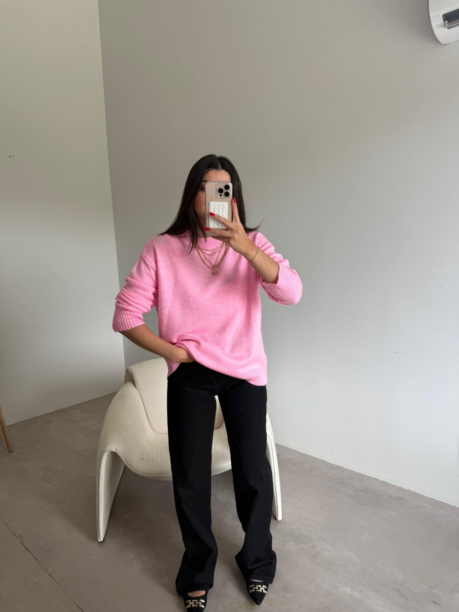 Pembe Bisiklet Yaka Oversize Kazak