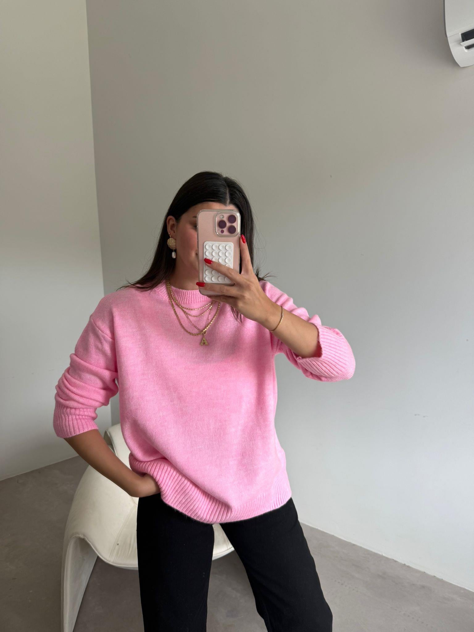 Pembe Bisiklet Yaka Oversize Kazak