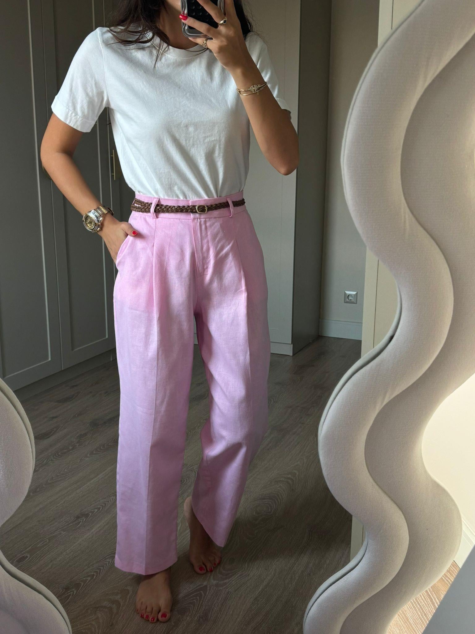 Pembe Carla Keten Pantolon