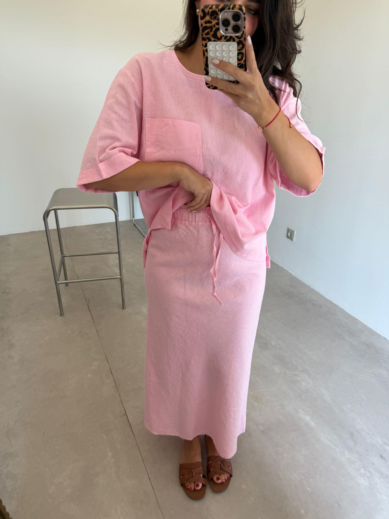 Pembe  Cep Detaylı Etekli Keten Takım