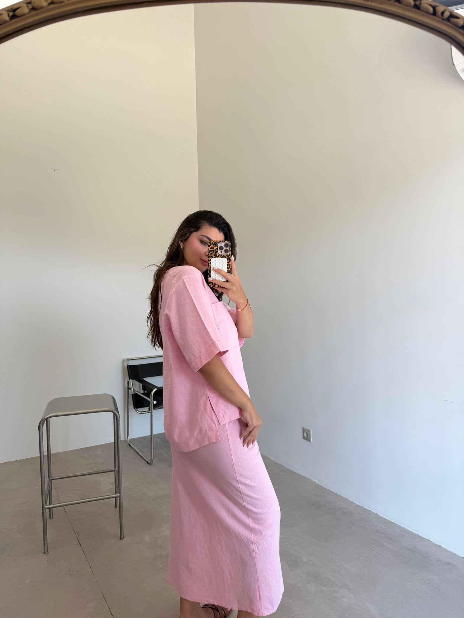 Pembe  Cep Detaylı Etekli Keten Takım