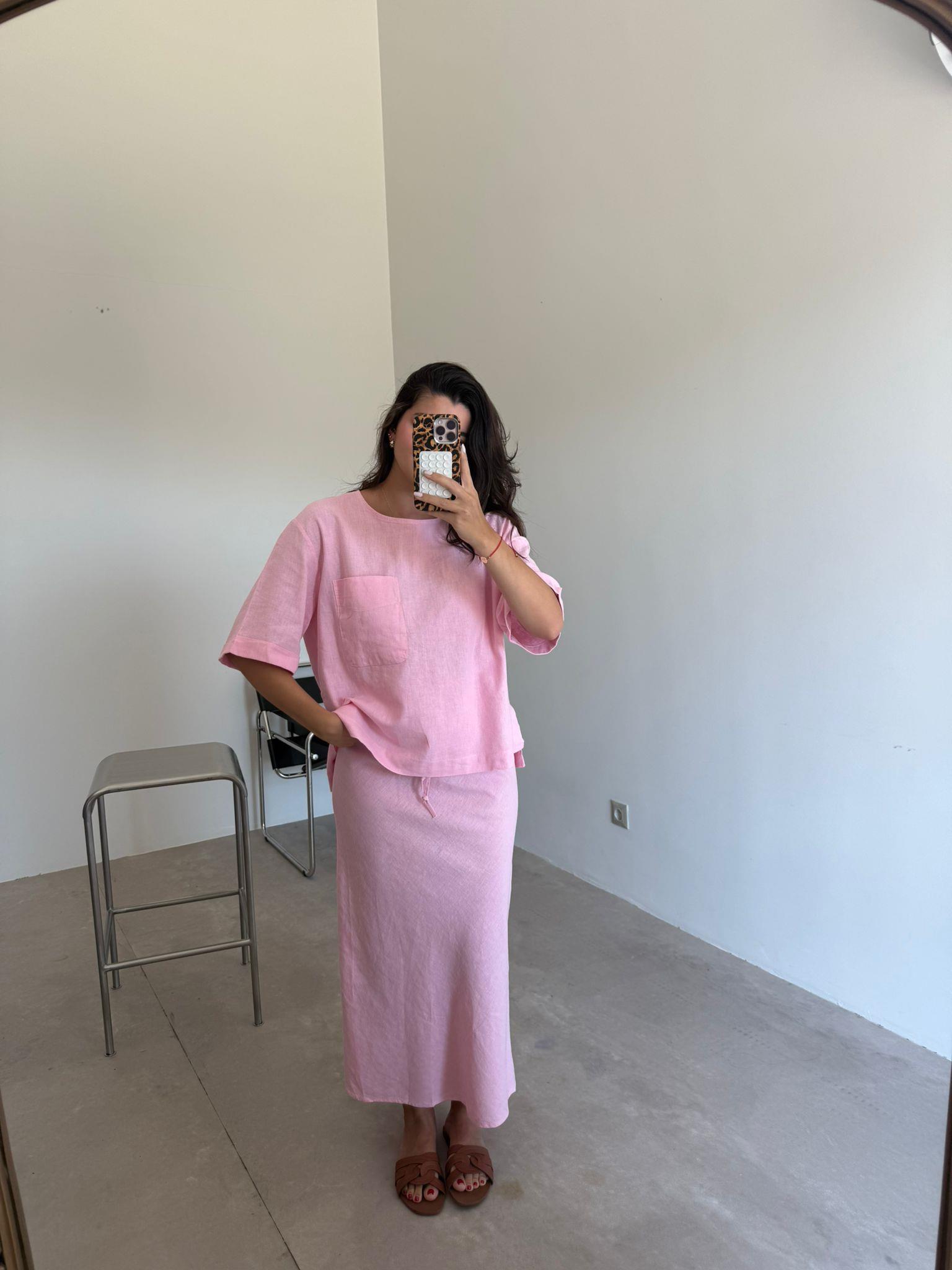 Pembe  Cep Detaylı Etekli Keten Takım