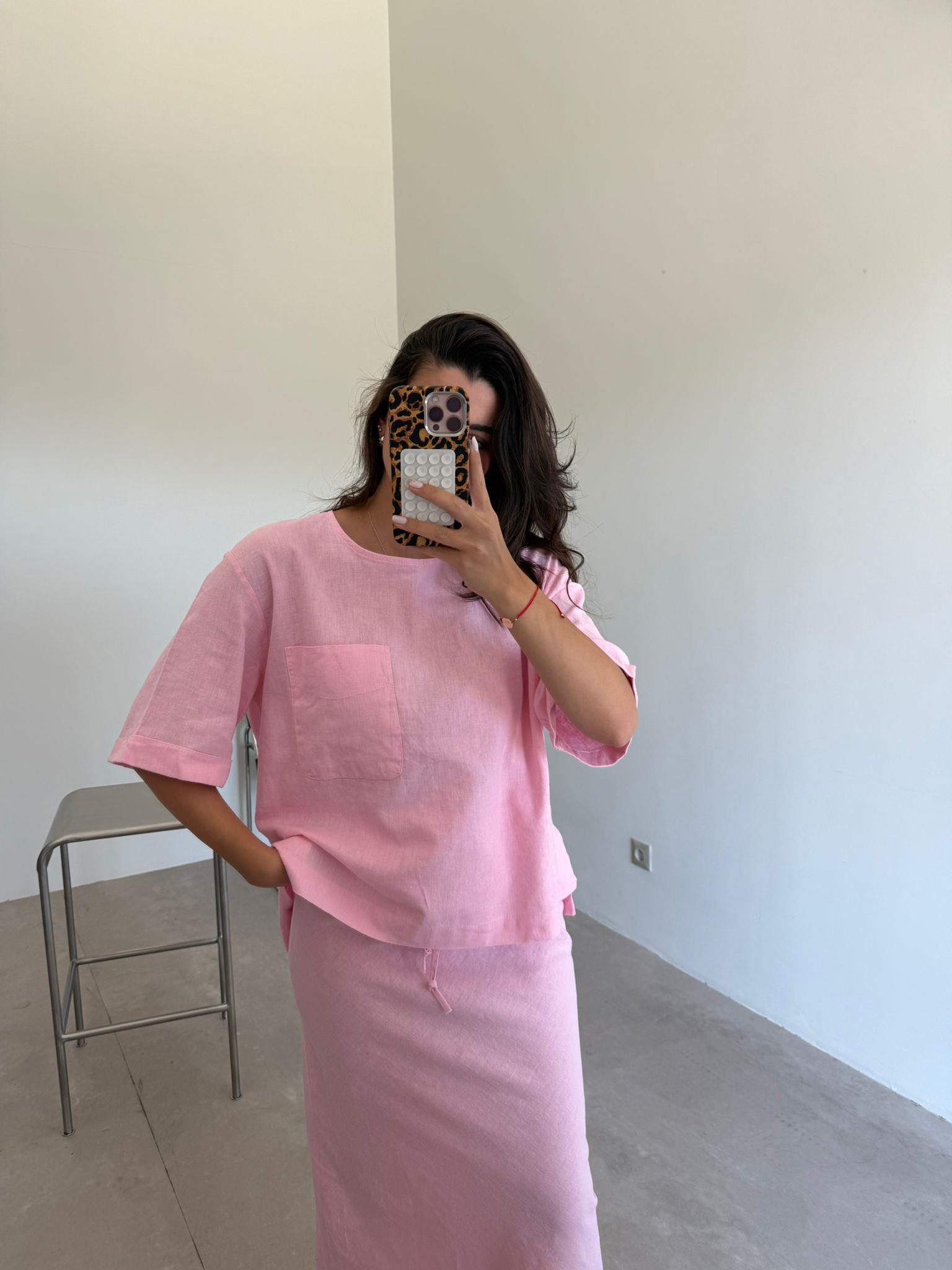 Pembe  Cep Detaylı Etekli Keten Takım