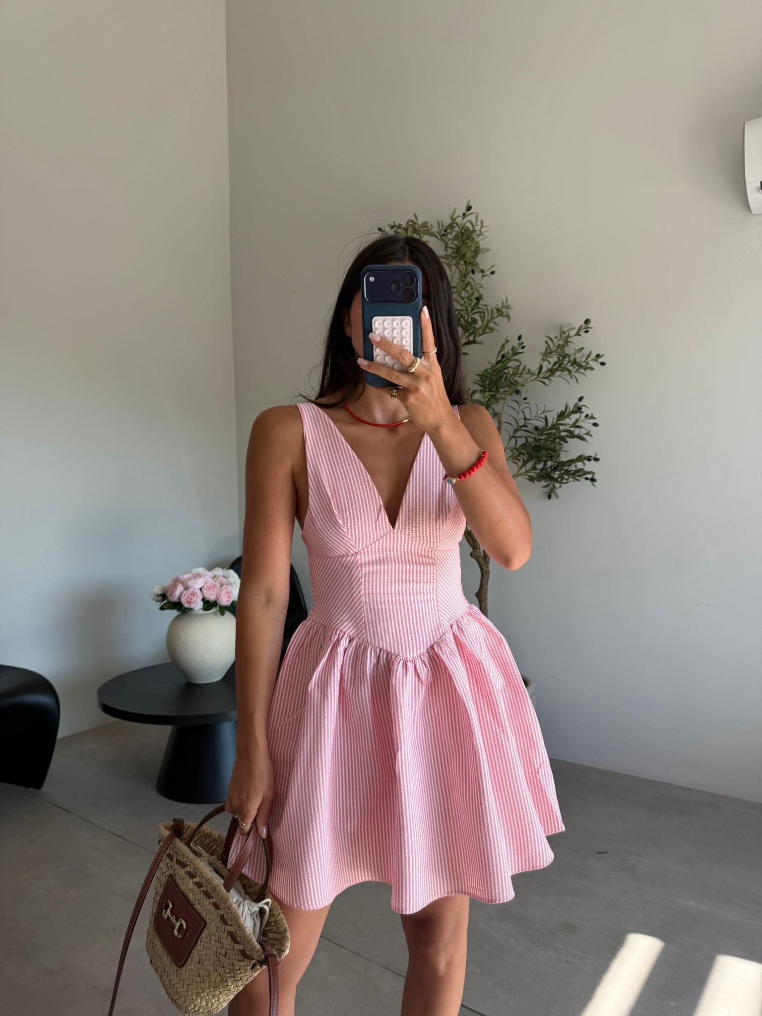 Pembe Çizgili Kısa Elbise
