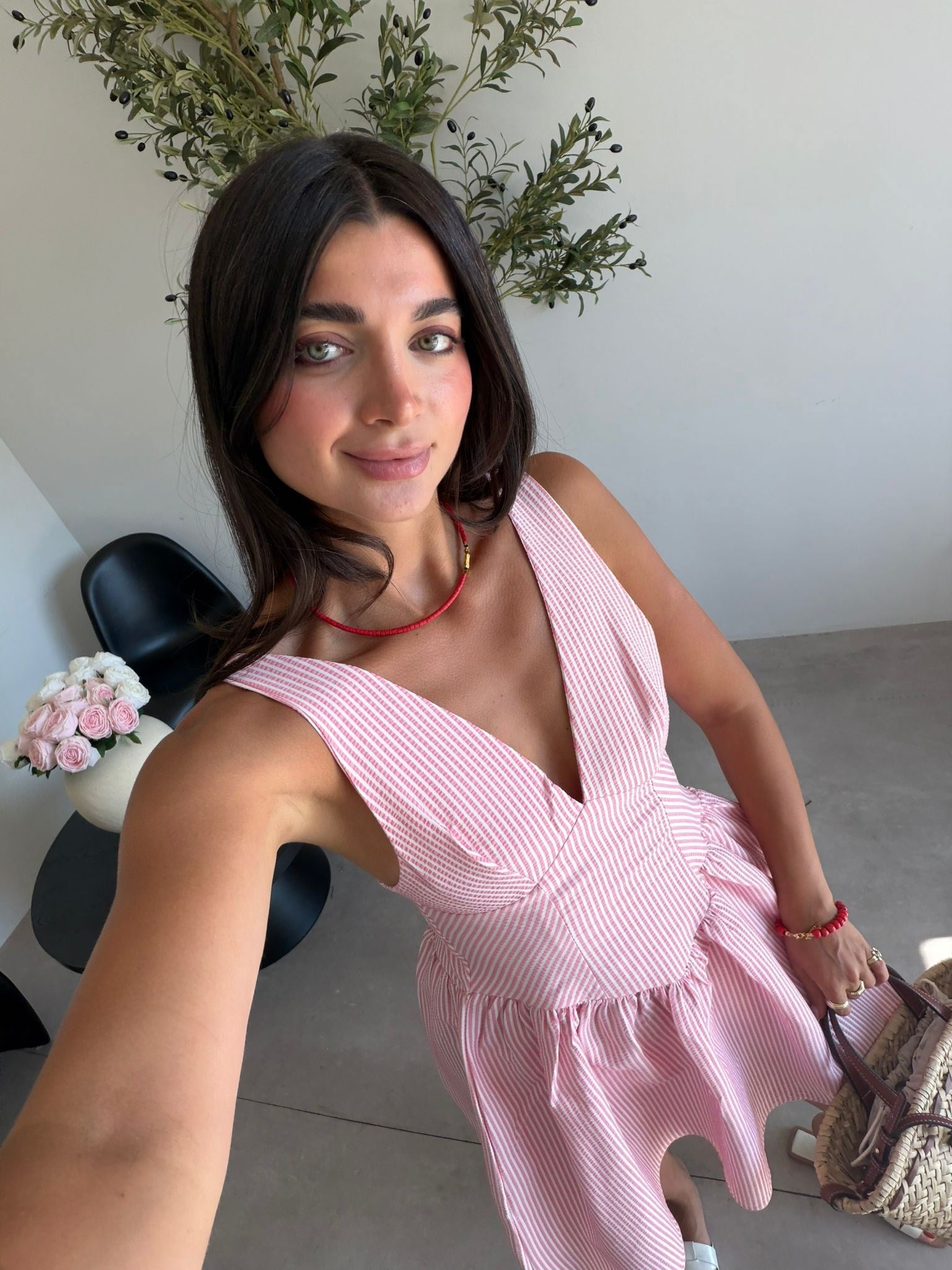 Pembe Çizgili Kısa Elbise