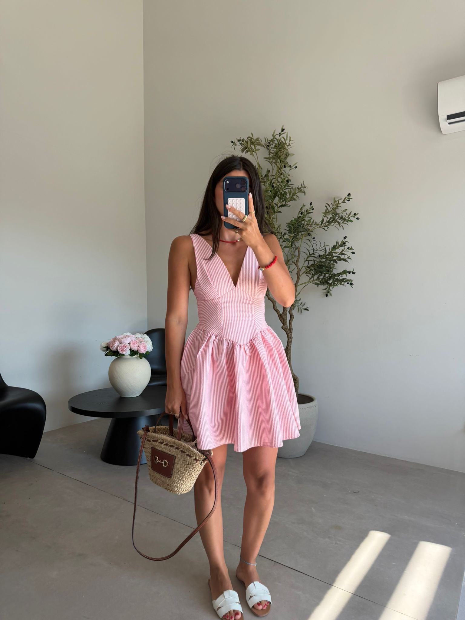 Pembe Çizgili Kısa Elbise