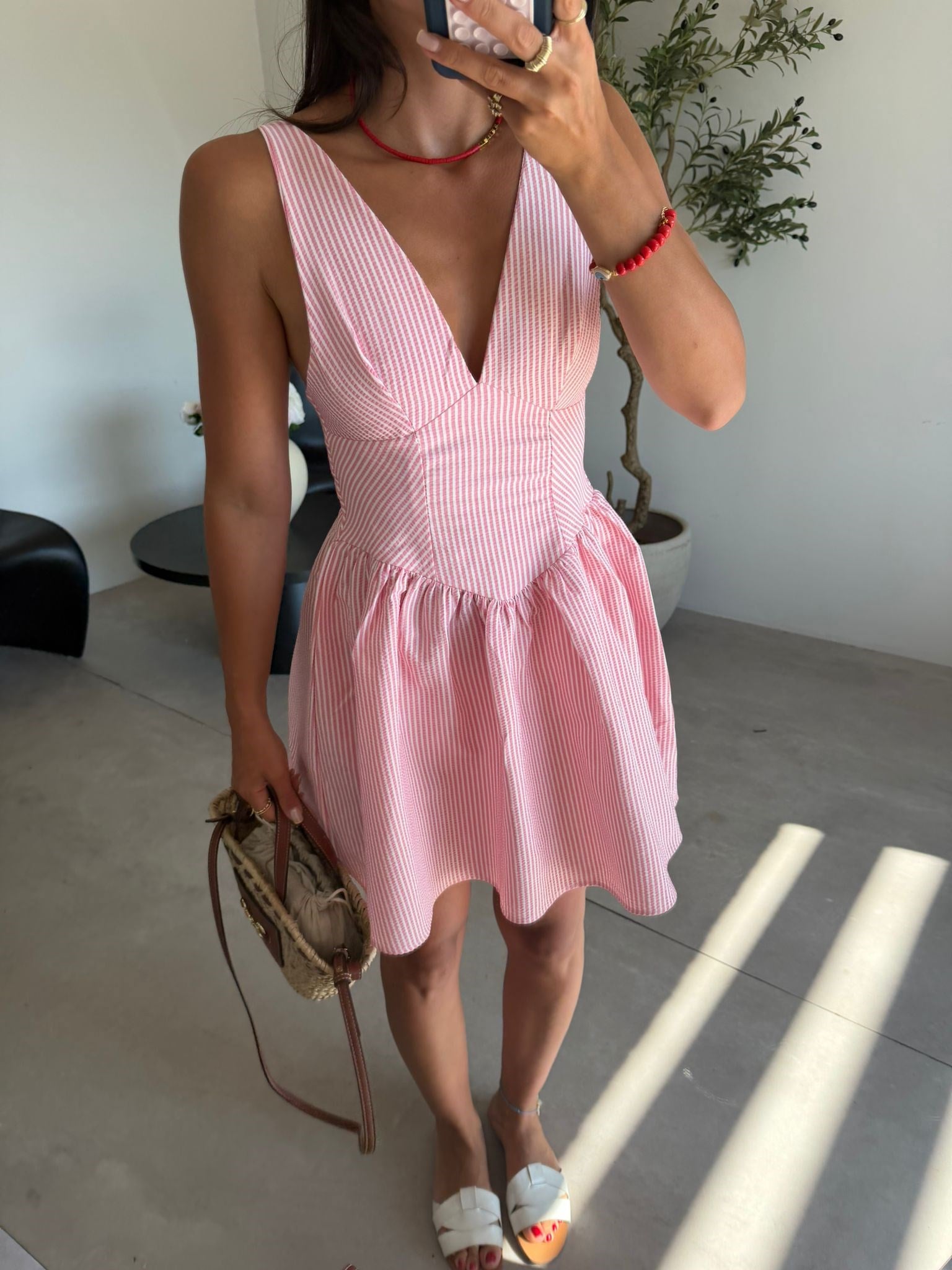 Pembe Çizgili Kısa Elbise