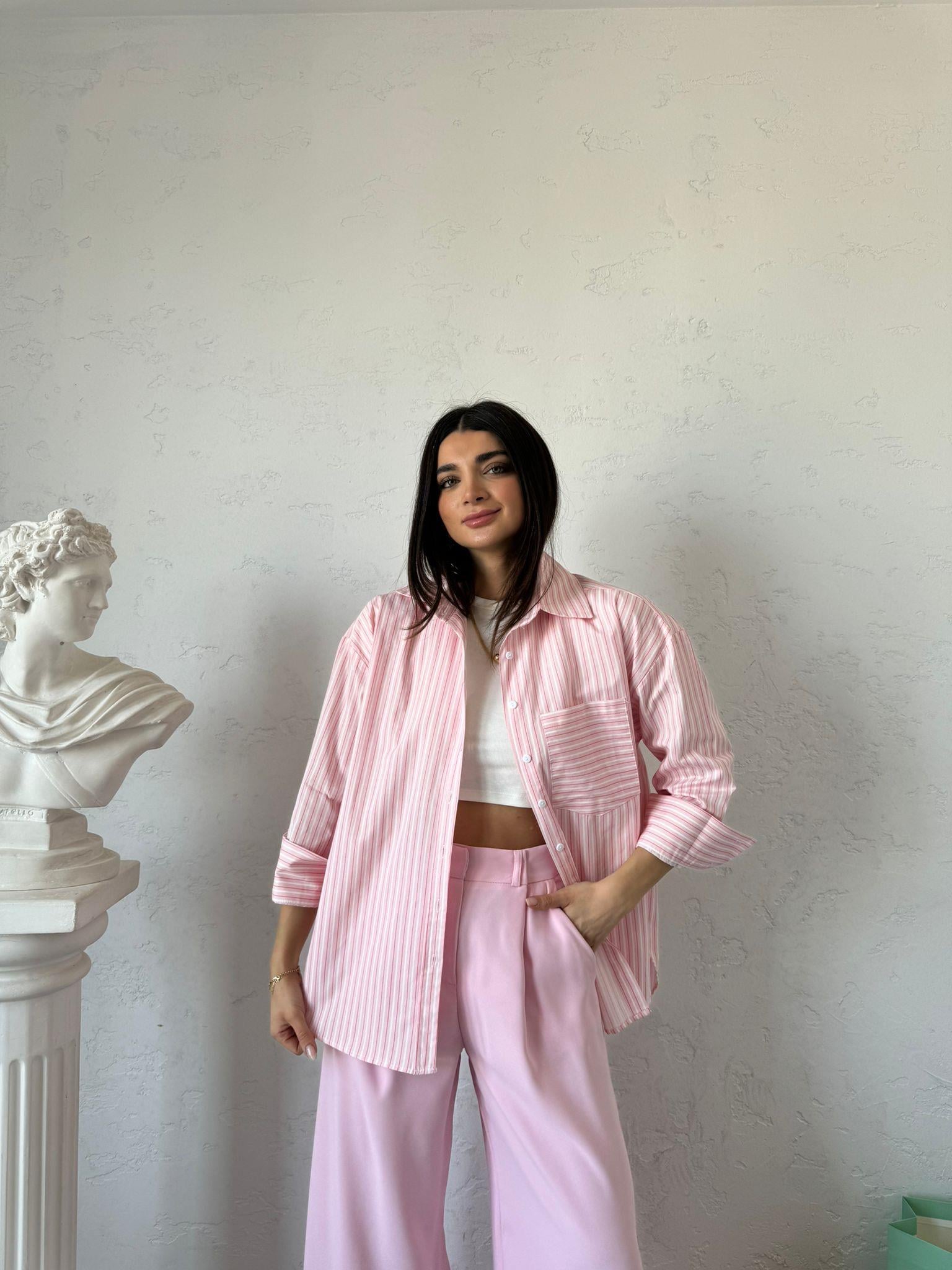Pembe Çizgili Oversize Candy Gömlek