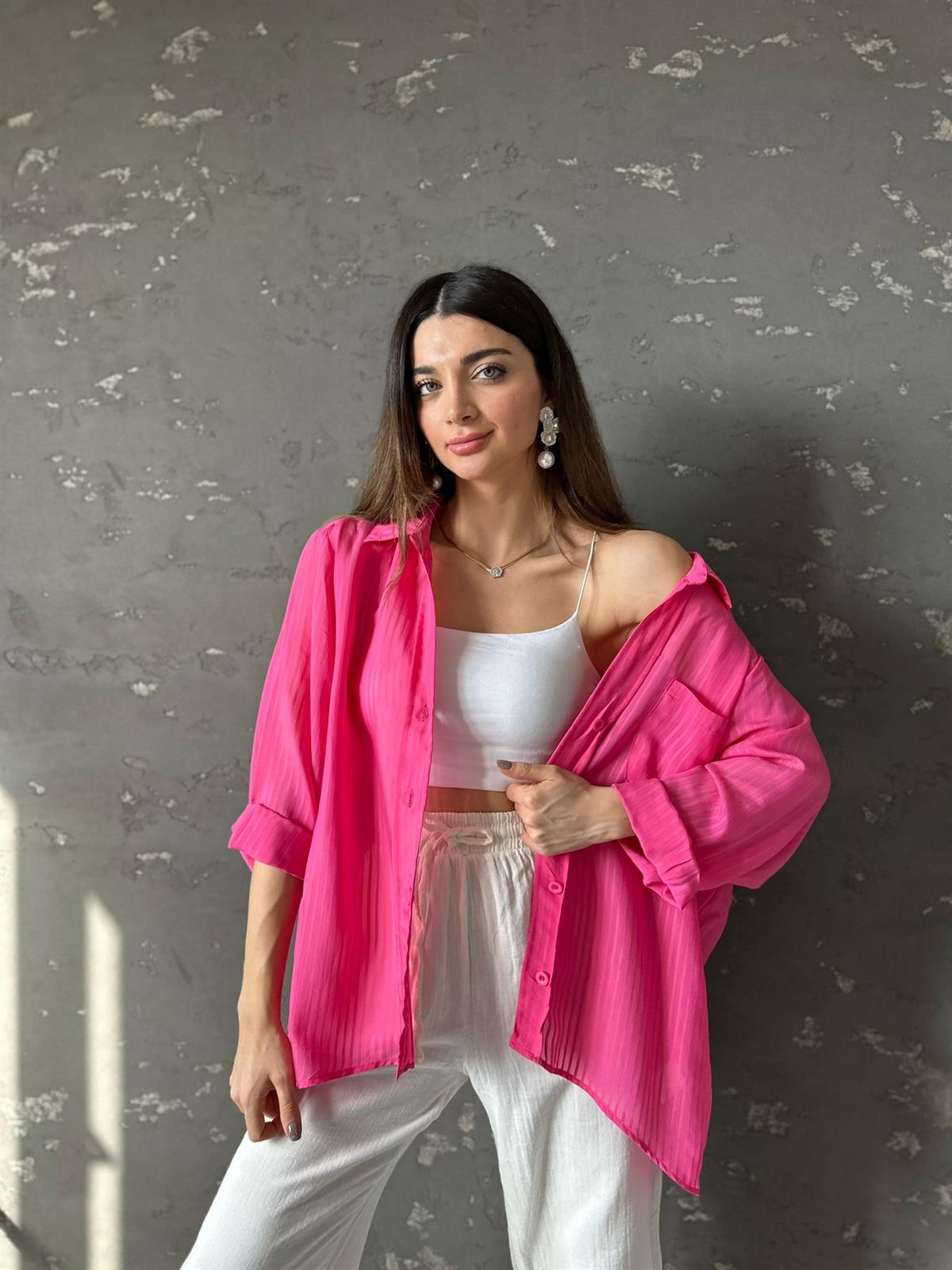 Pembe Çizgili Oversize Mila Gömlek