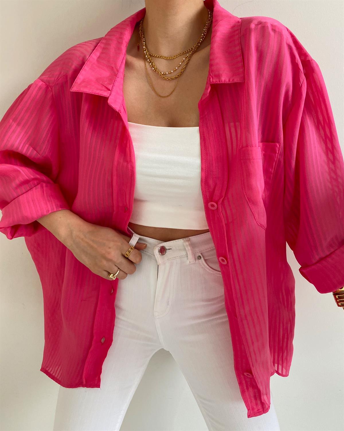 Pembe Çizgili Oversize Mila Gömlek