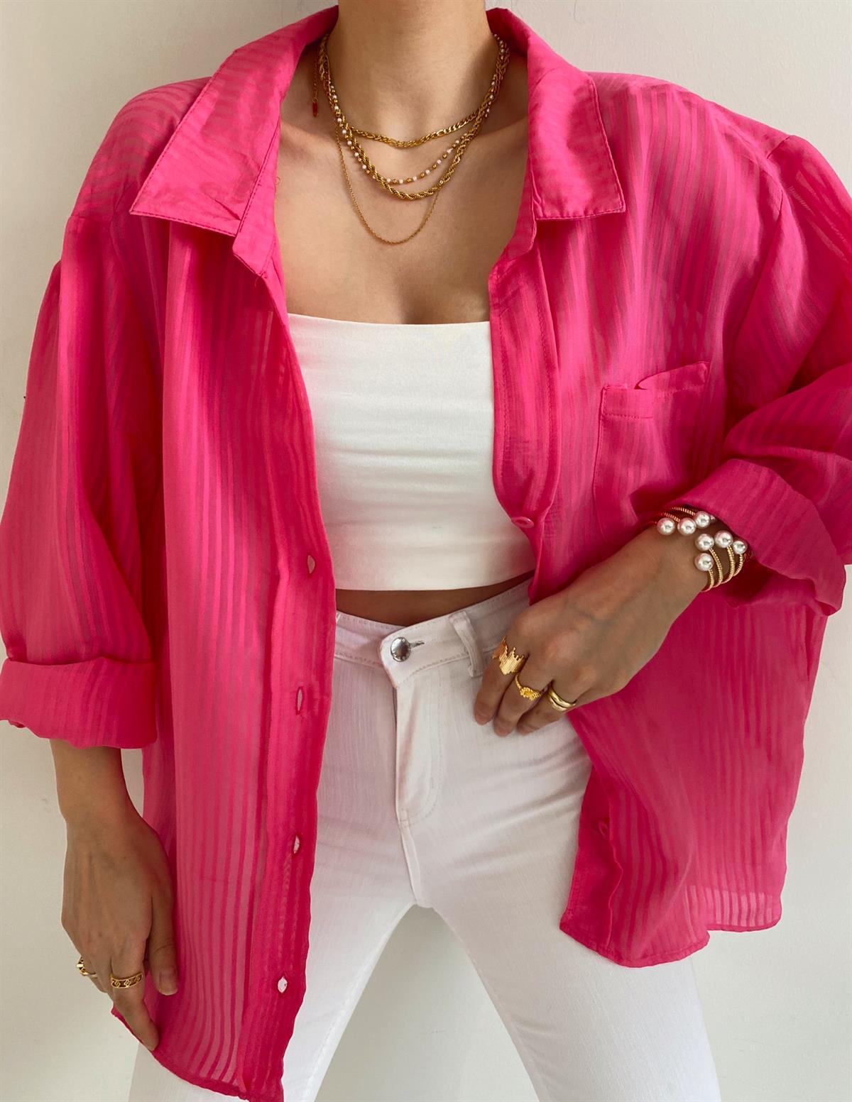 Pembe Çizgili Oversize Mila Gömlek