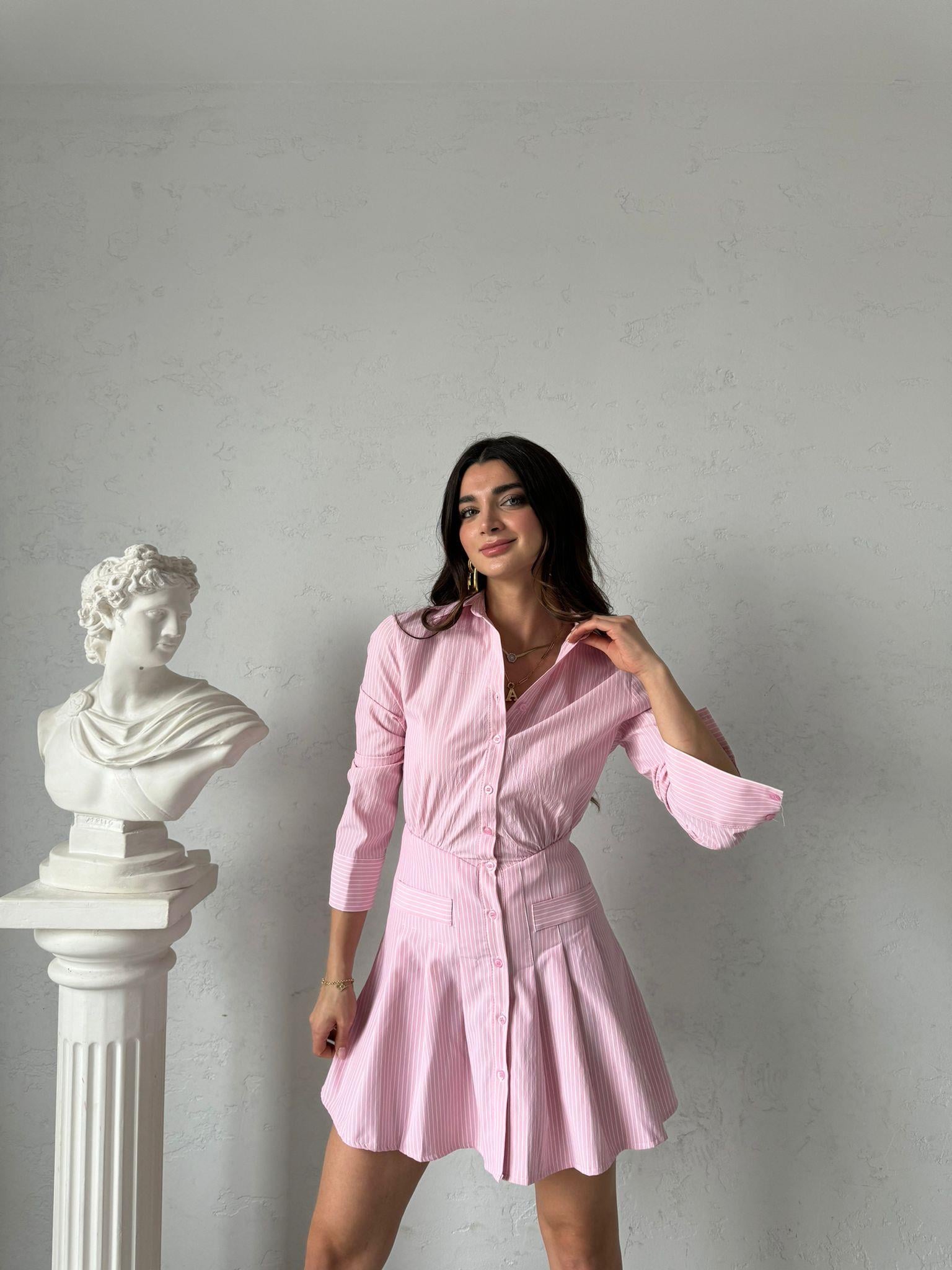 Pembe Çizgili Poplin Gömlek Elbise 