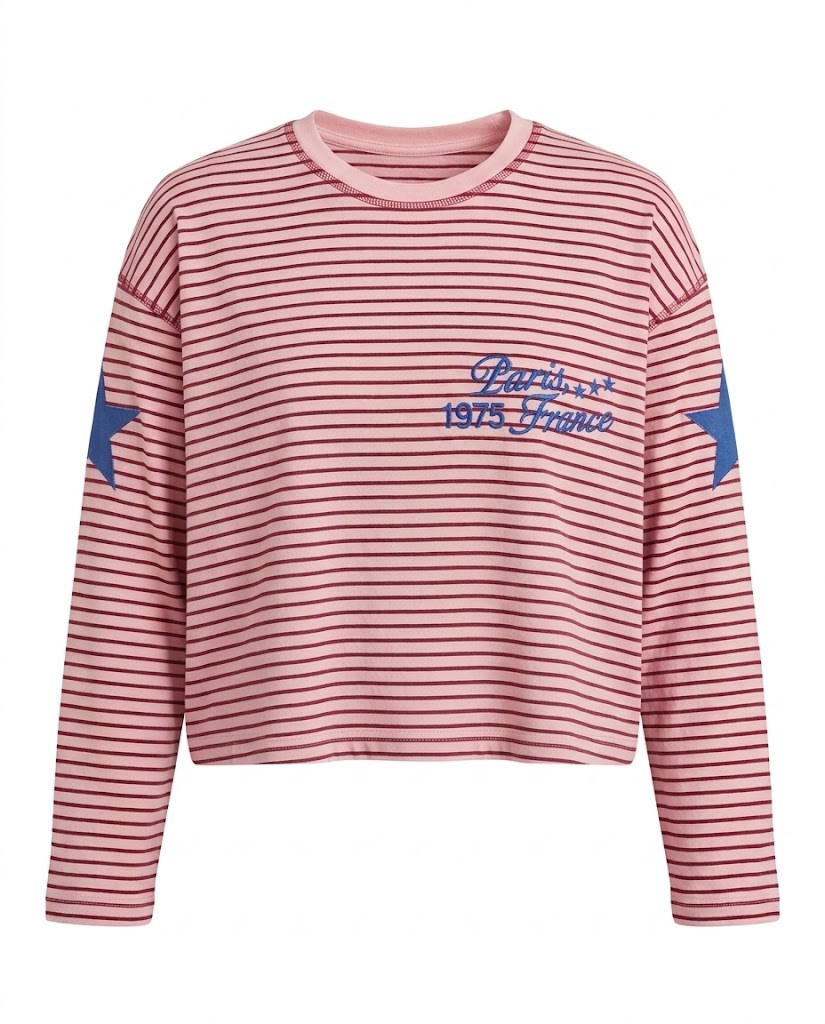 Pembe Çizgili Yazı Detaylı Bluz