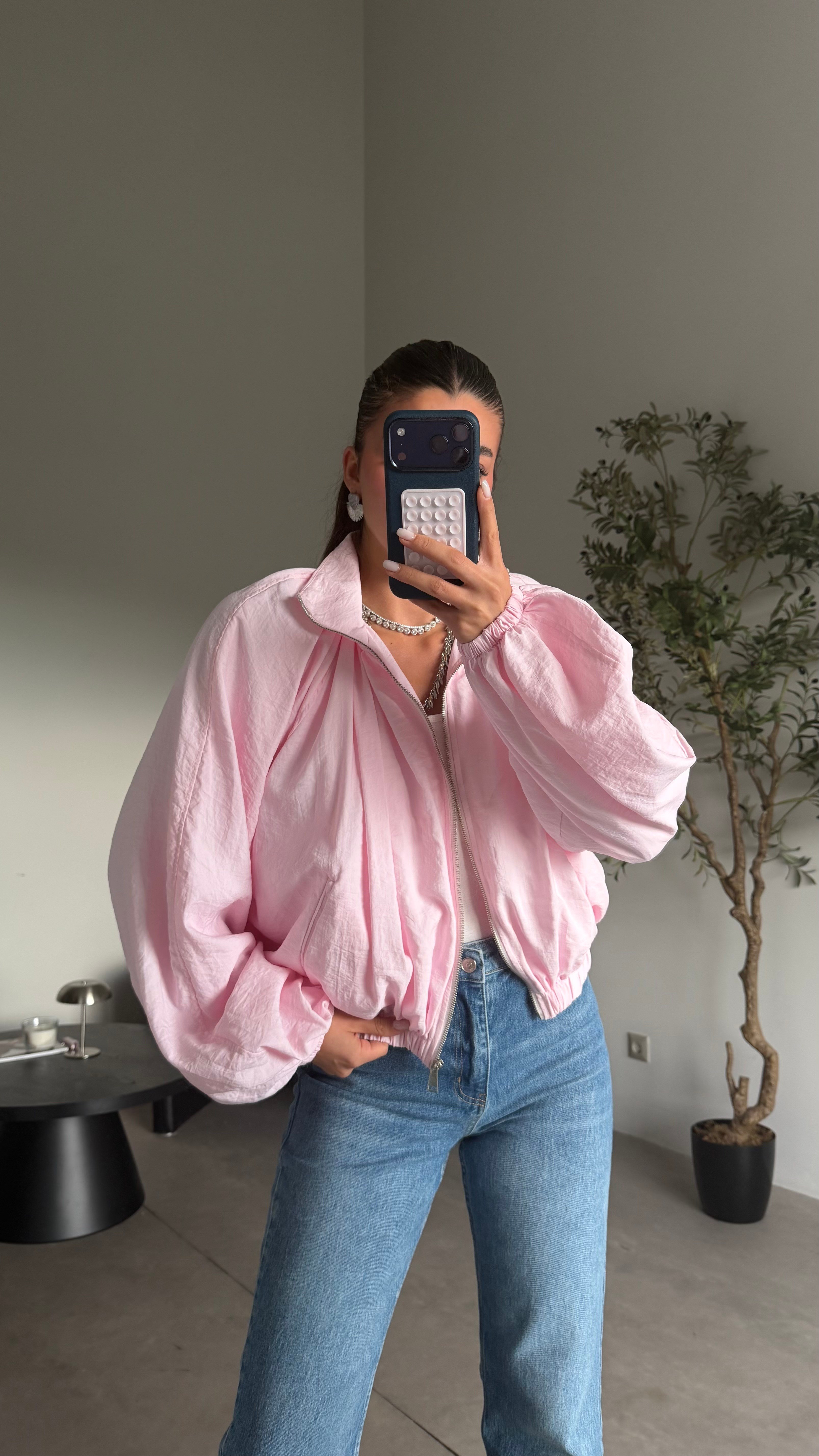 Pembe Dik Yaka Beli Lastikli Bomber Ceket