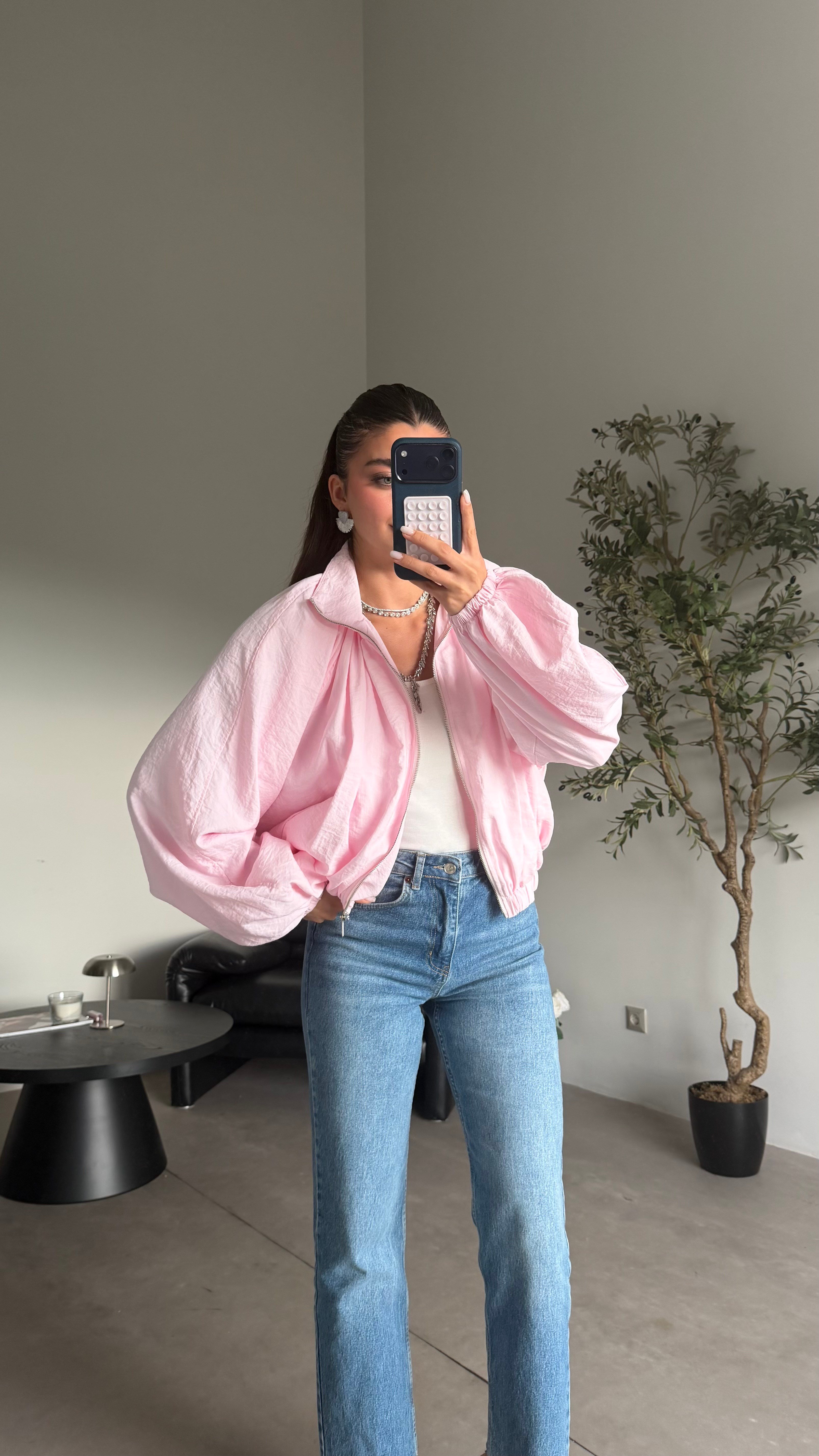 Pembe Dik Yaka Beli Lastikli Bomber Ceket