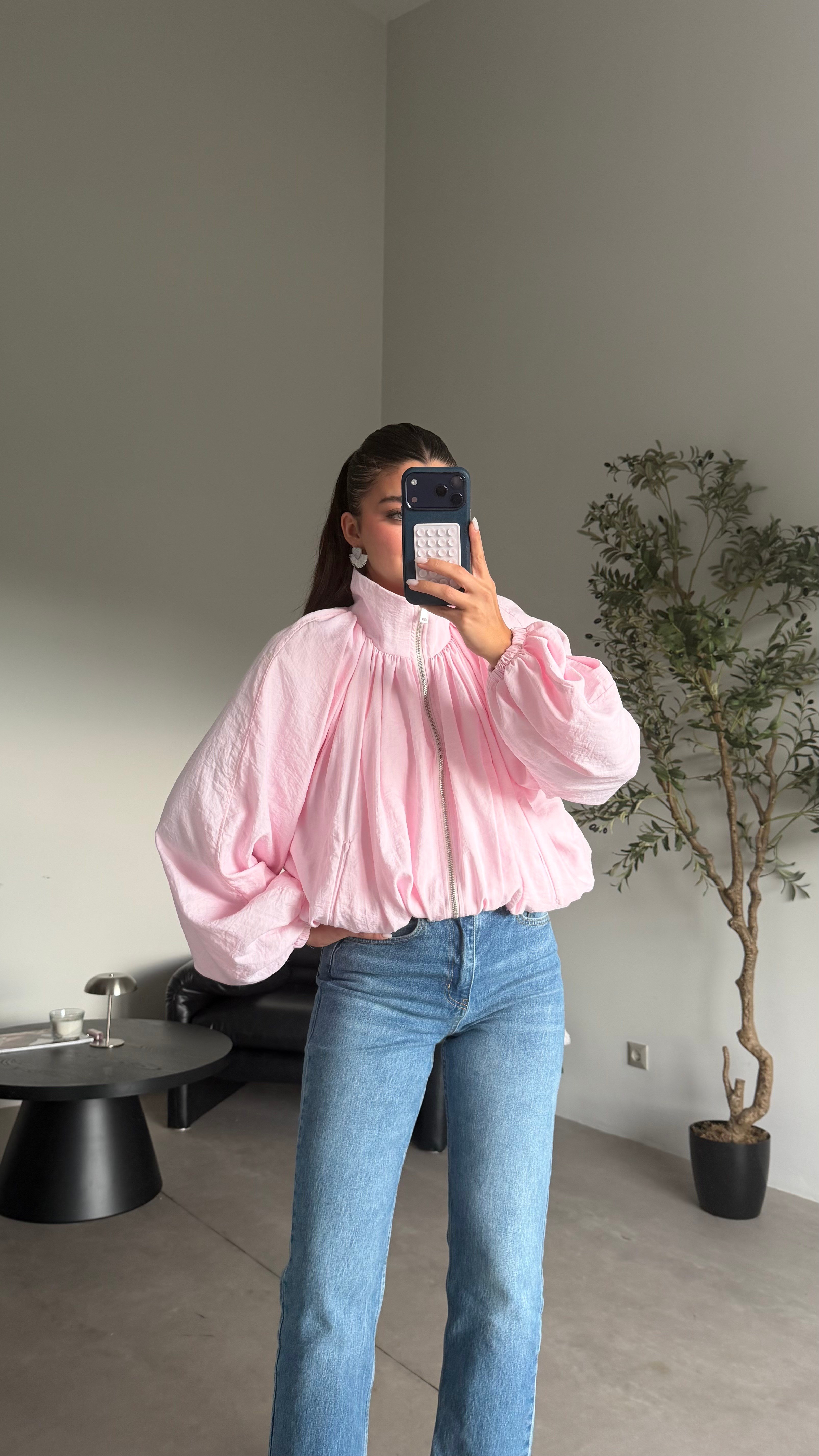 Pembe Dik Yaka Beli Lastikli Bomber Ceket