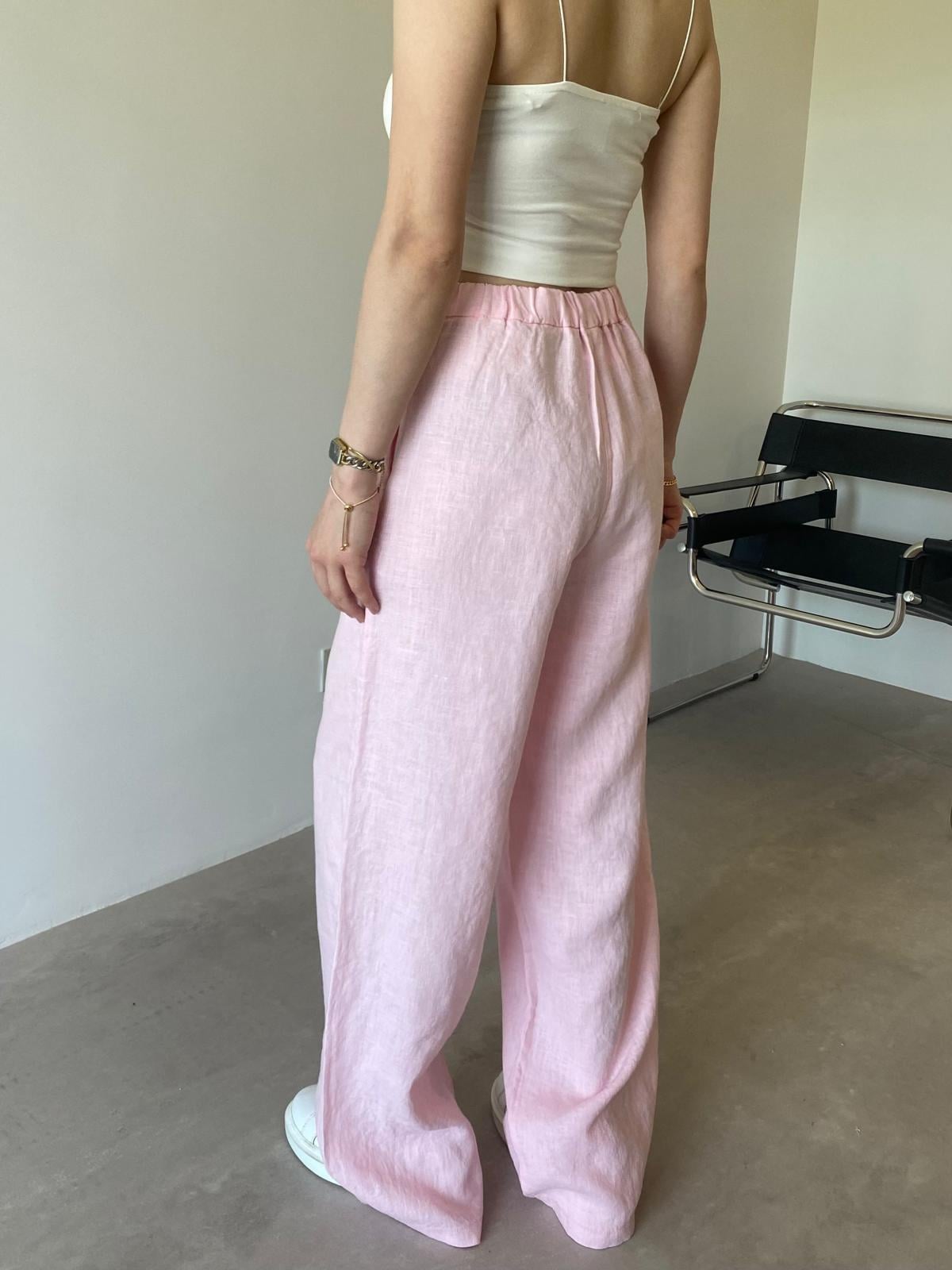 Pembe Düğme Detaylı Ham Keten Palazzo Pantolon