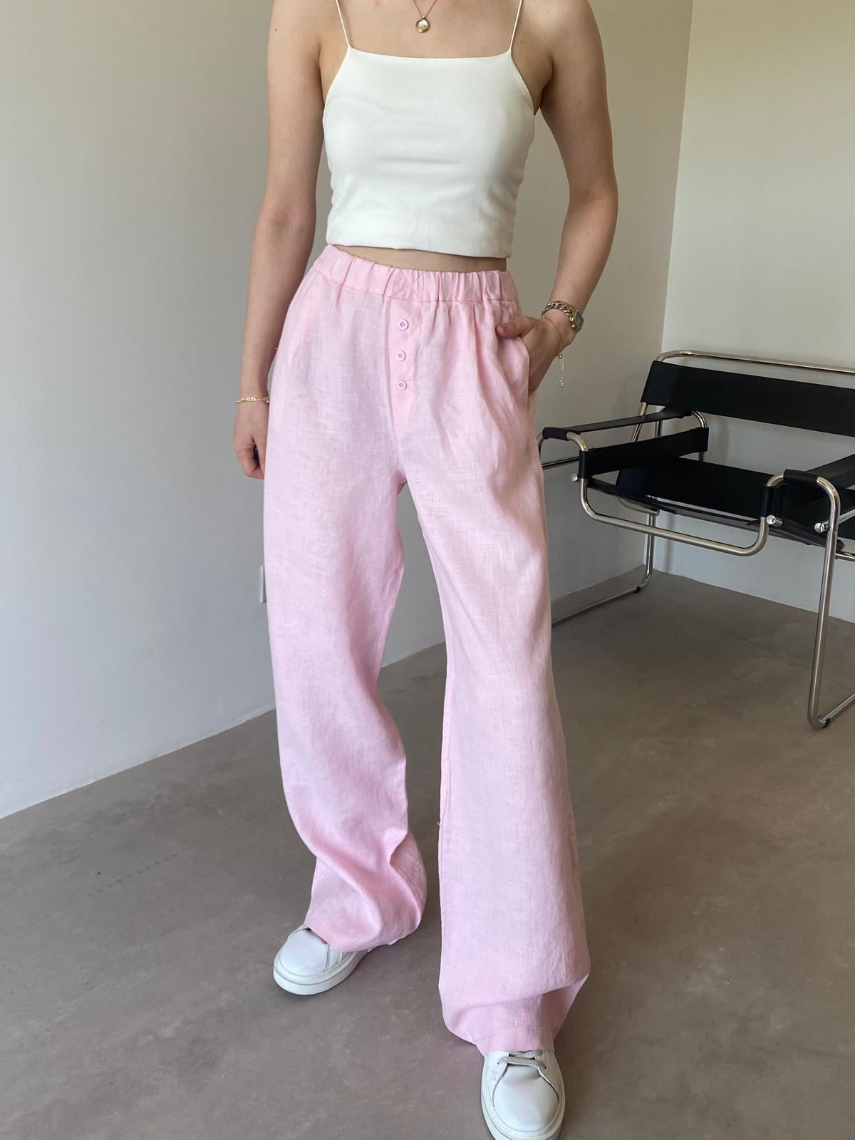 Pembe Düğme Detaylı Ham Keten Palazzo Pantolon