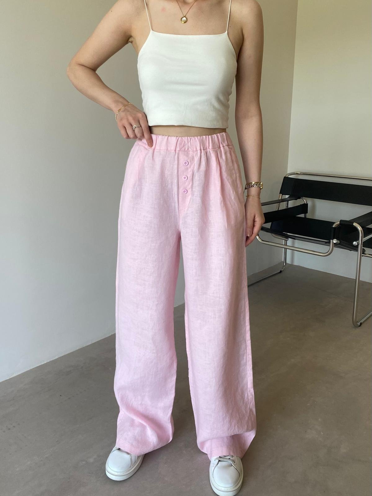 Pembe Düğme Detaylı Ham Keten Palazzo Pantolon