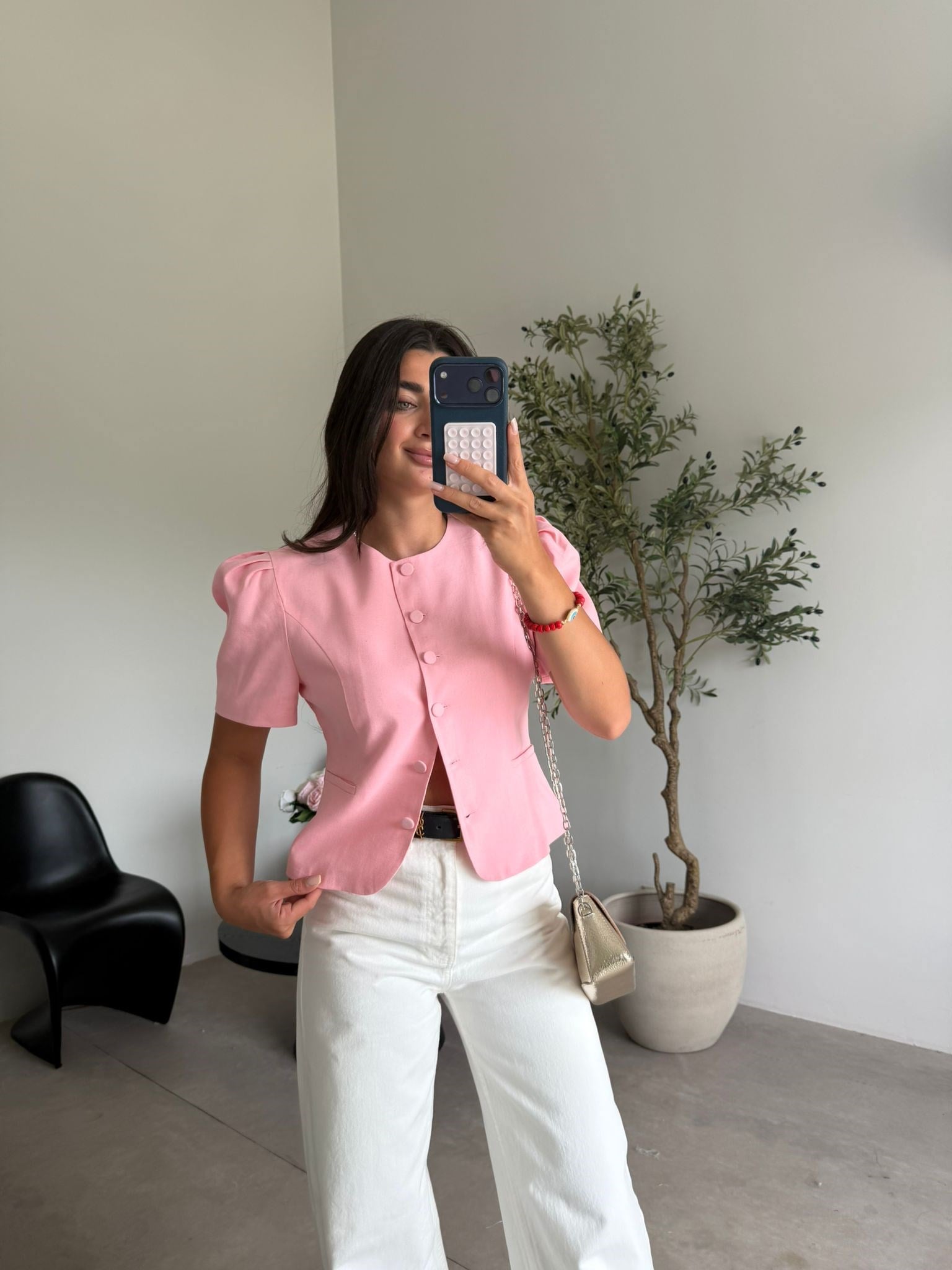Pembe Düğmeli Kısa Kol Ceket
