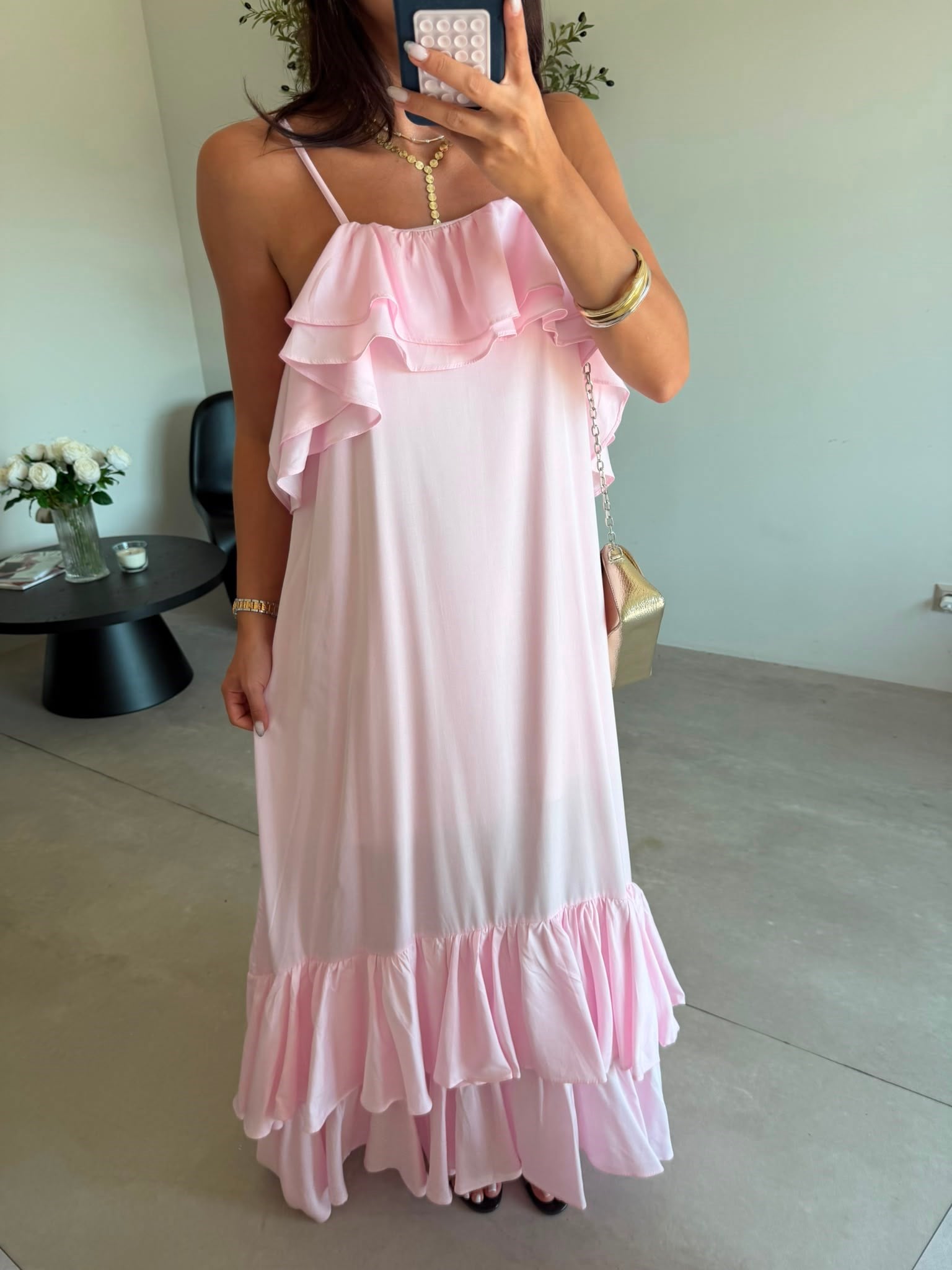 Pembe Fırfırlı Askılı Elbise