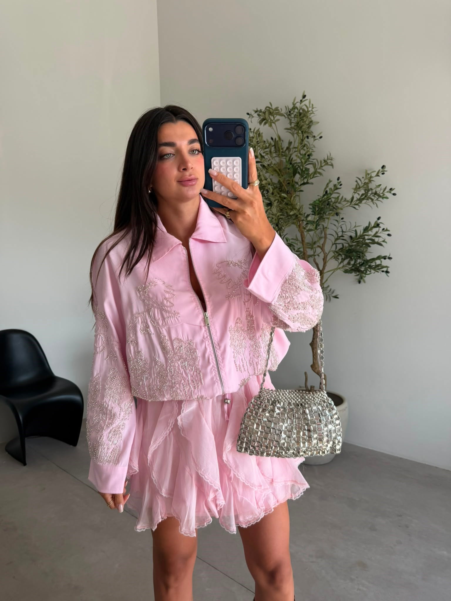 Pembe Fırfırlı Astarlı Etek