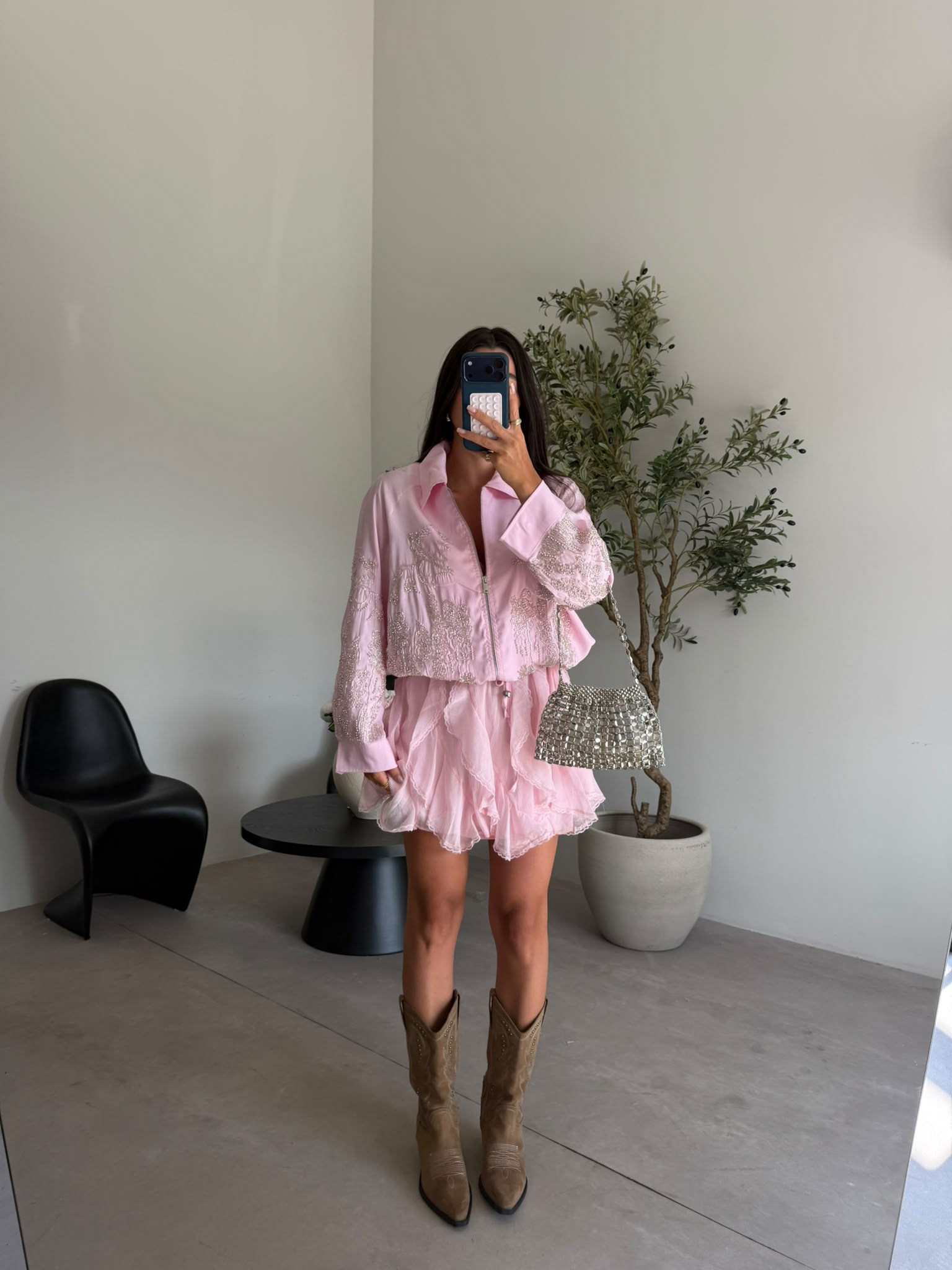 Pembe Fırfırlı Astarlı Etek