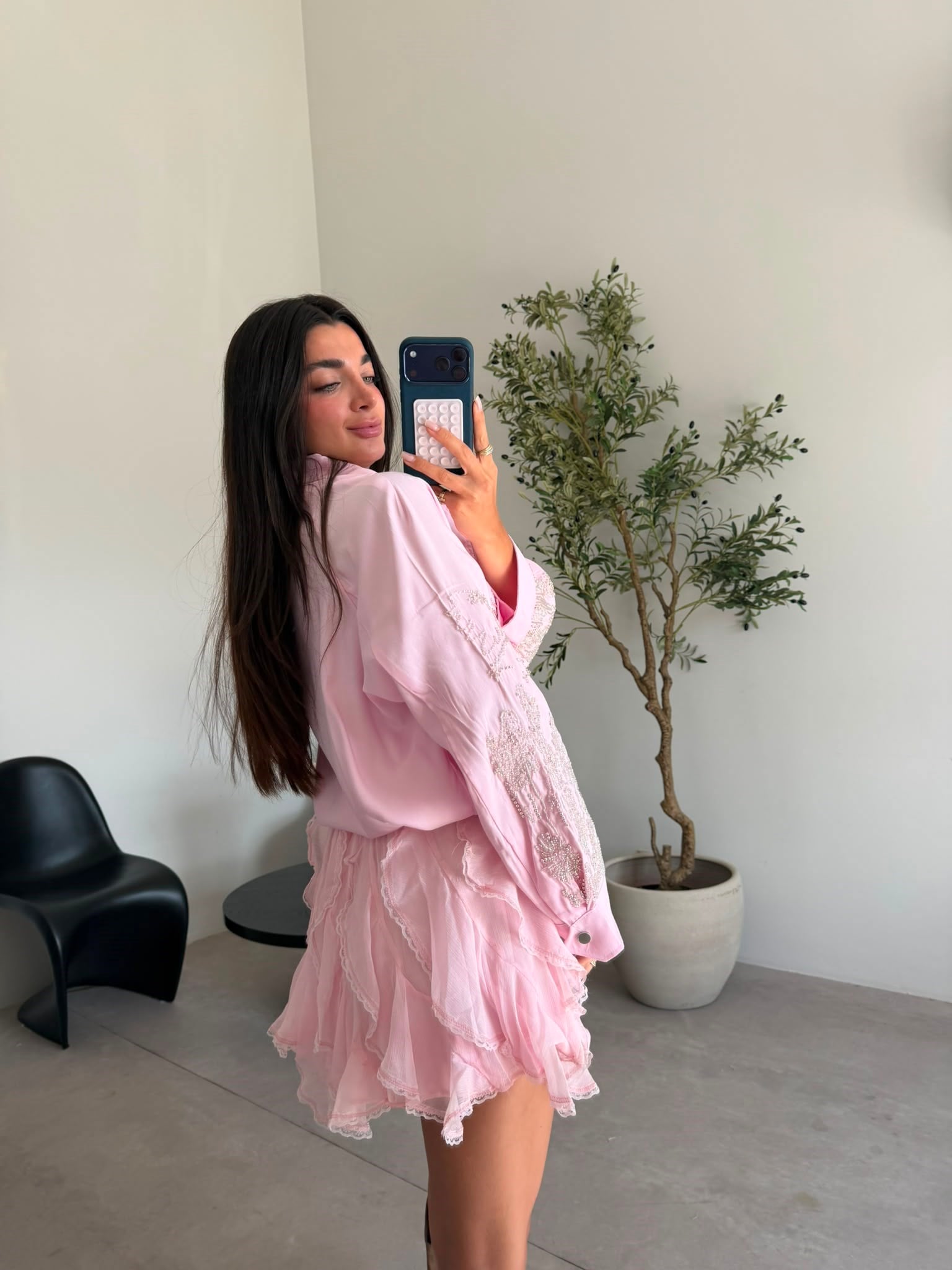 Pembe Fırfırlı Astarlı Etek