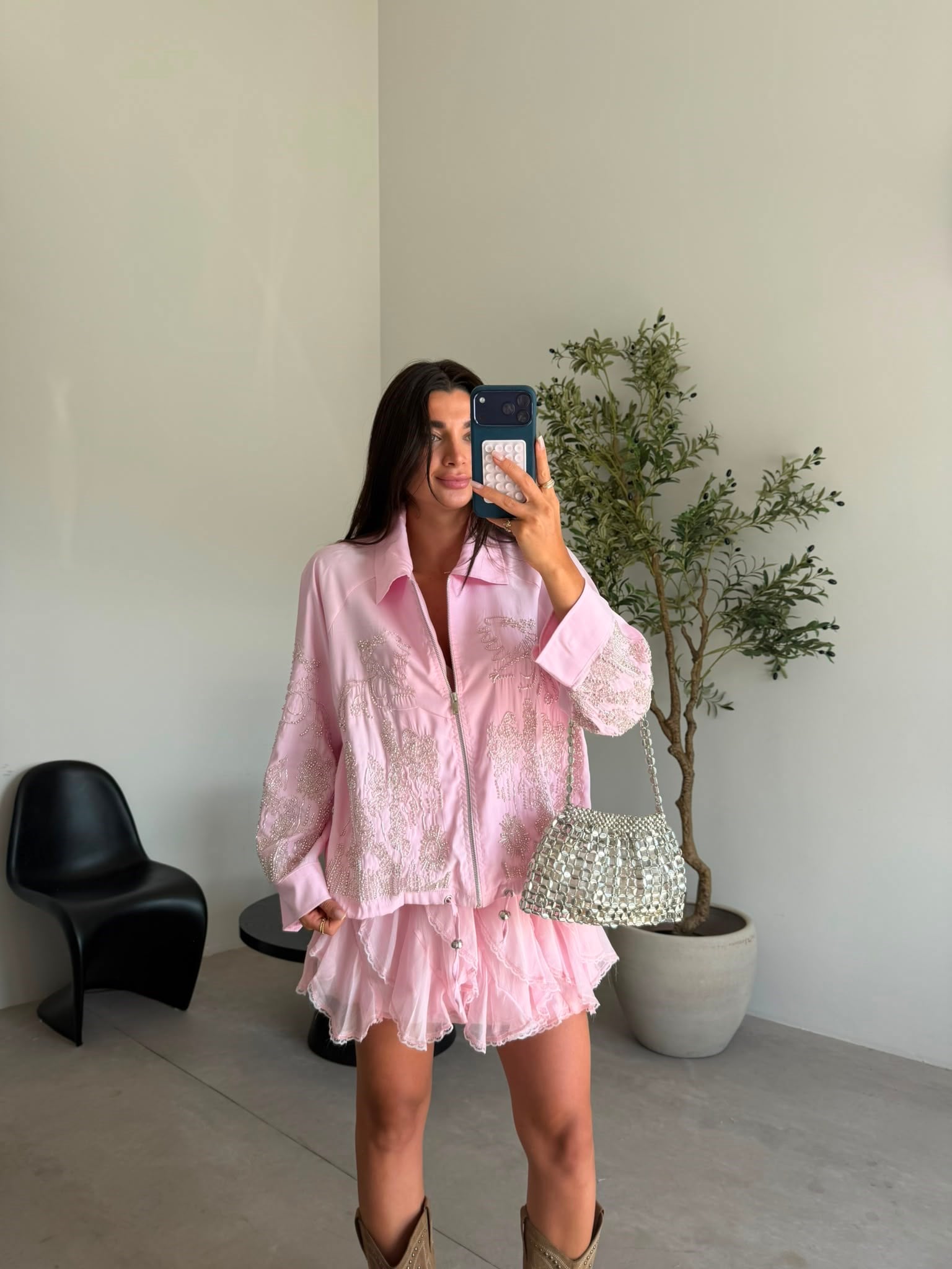 Pembe Fırfırlı Astarlı Etek