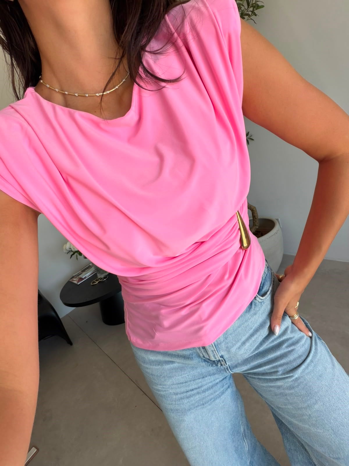 Pembe Gold Detaylı Vatkalı Bluz