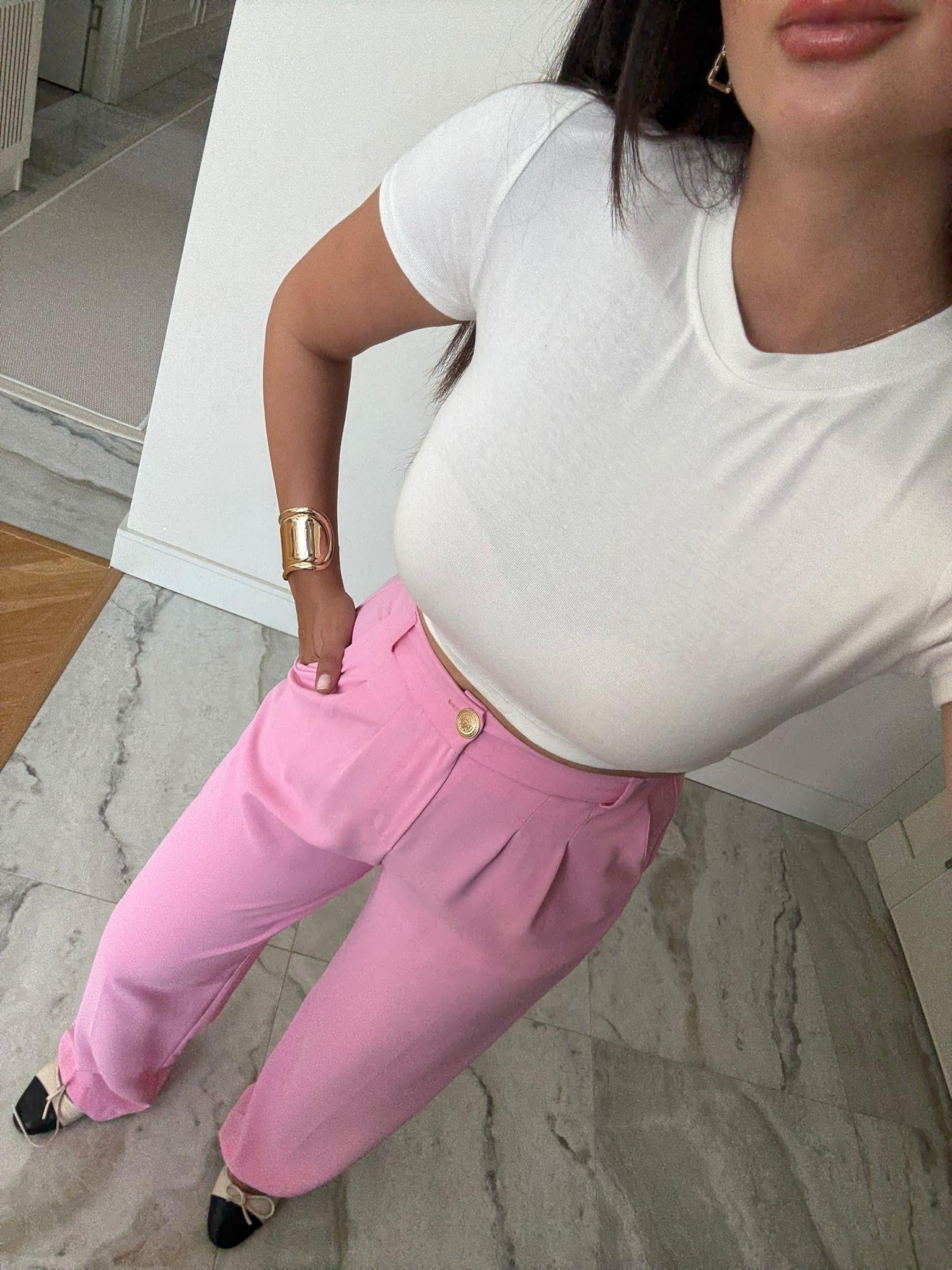 Pembe Gold Düğmeli Pileli Palazzo Pantolon