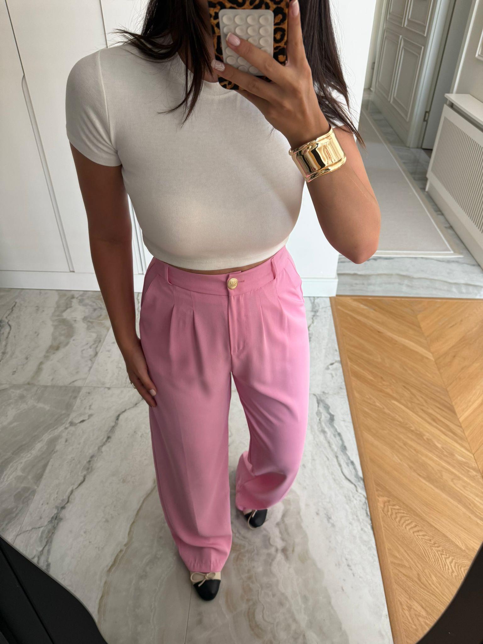 Pembe Gold Düğmeli Pileli Palazzo Pantolon