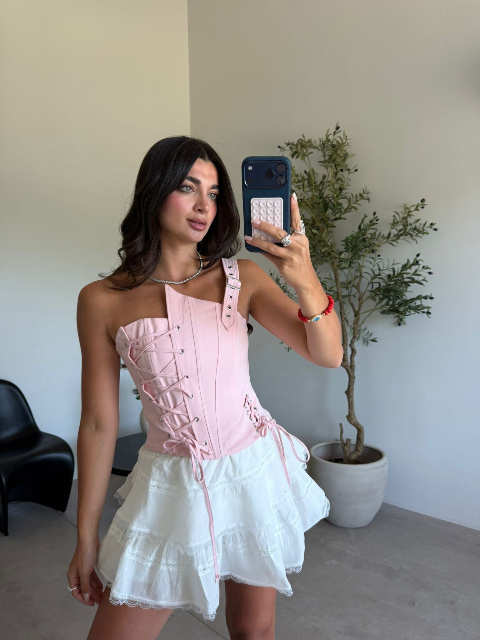 Pembe Kemer Detaylı İpli Korse
