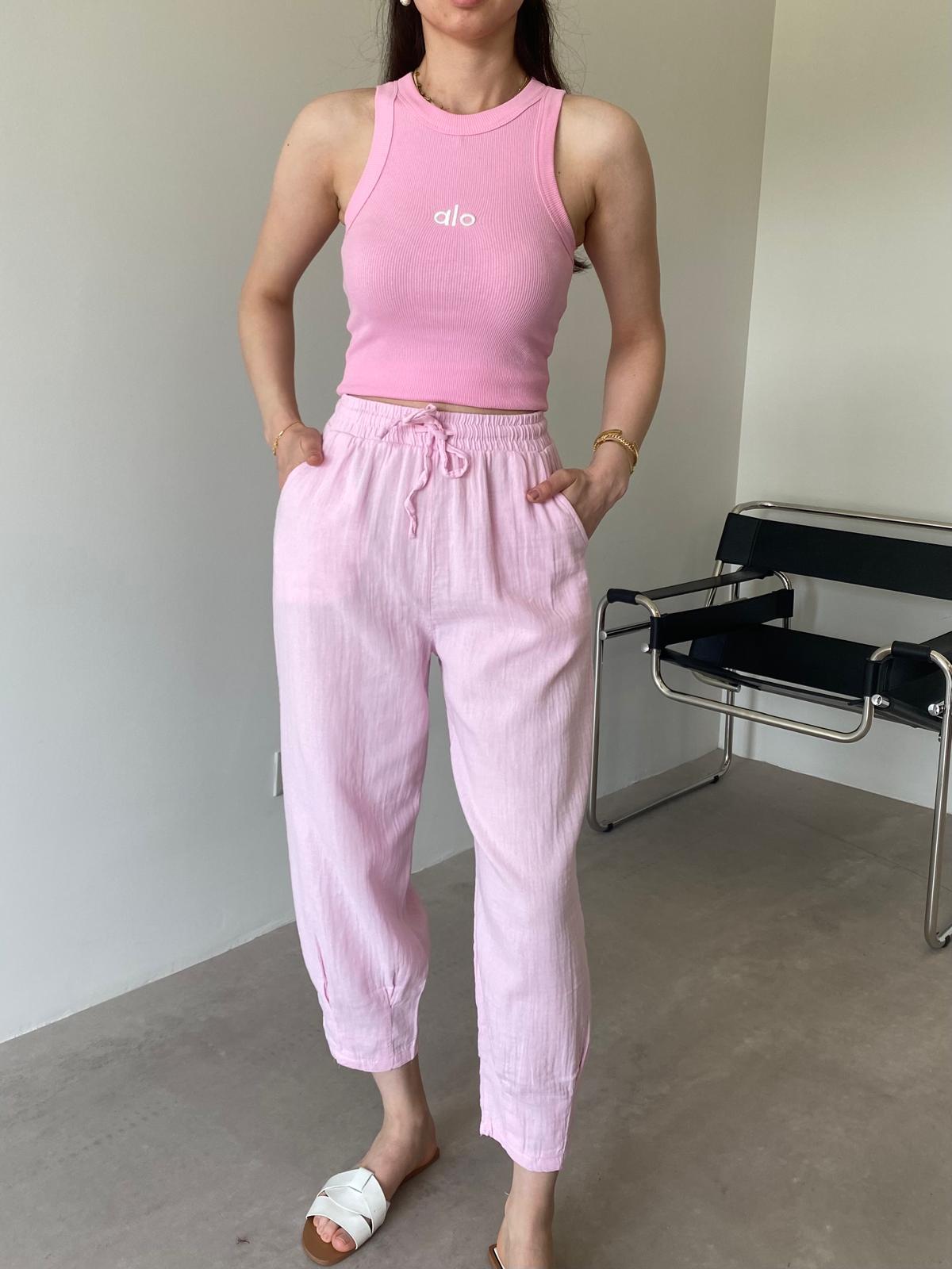 Pembe Keten Şalvar Pantolon