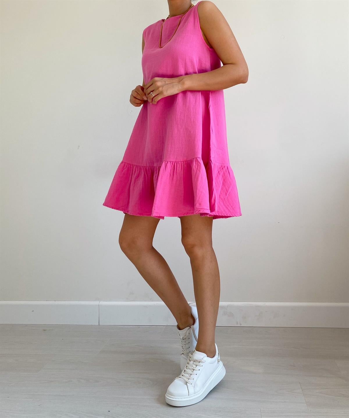 Pembe Kolsuz Keten Elbise