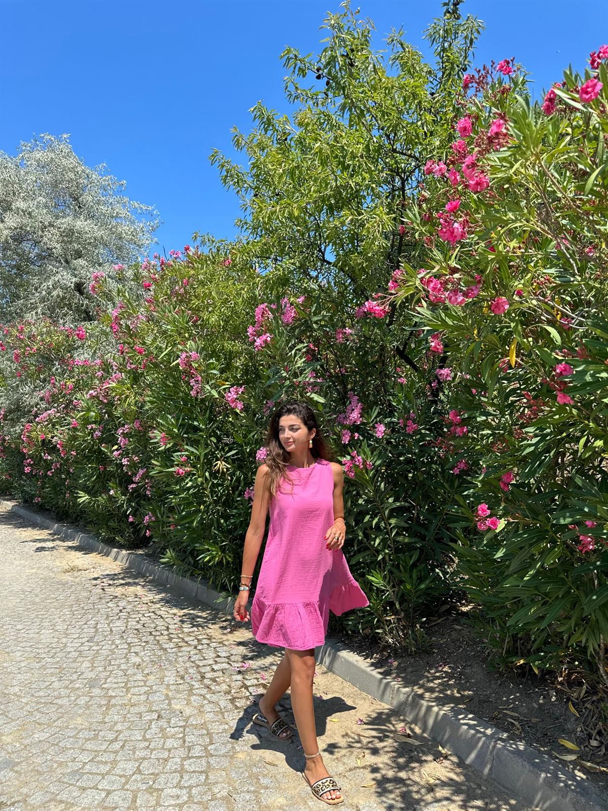 Pembe Kolsuz Keten Elbise