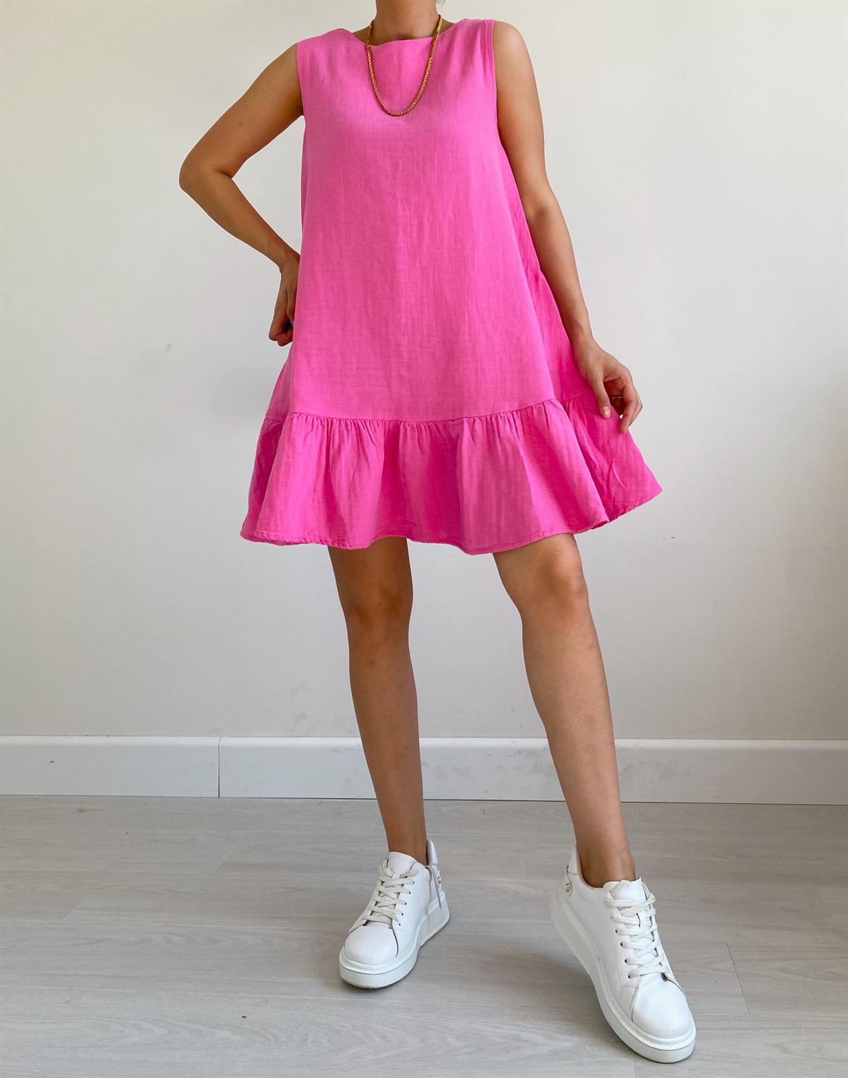 Pembe Kolsuz Keten Elbise