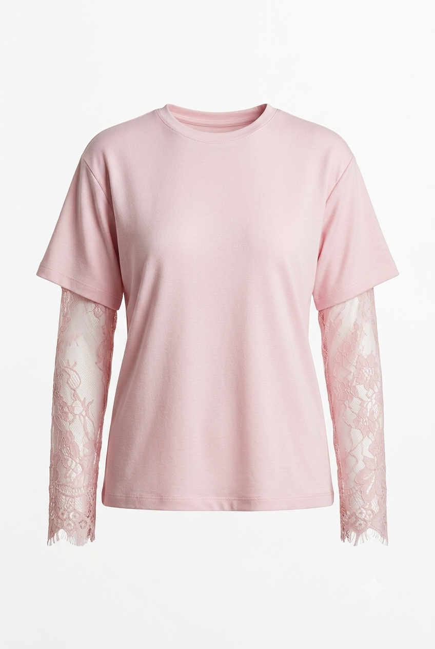 Pembe Kolu Dantelli Tişört Bluz