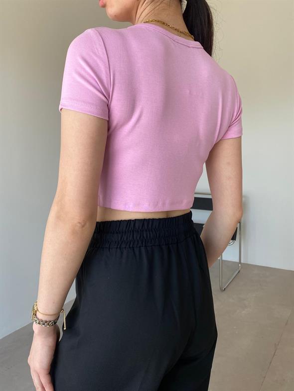 Pembe Likralı Esnek Leo Crop Tişört