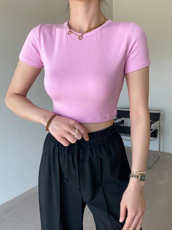 Pembe Likralı Esnek Leo Crop Tişört