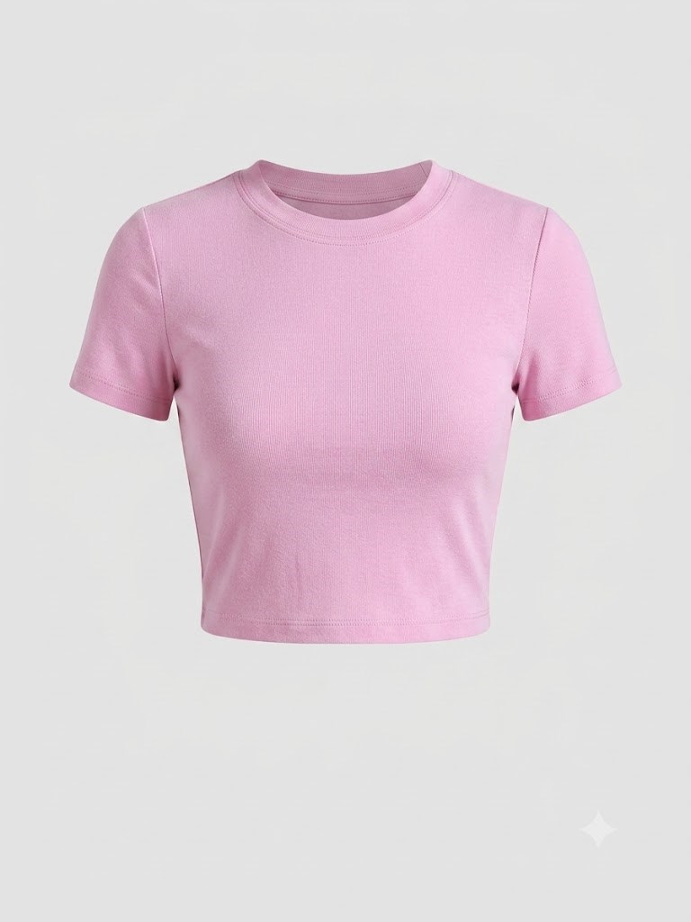 Pembe Likralı Esnek Leo Crop Tişört