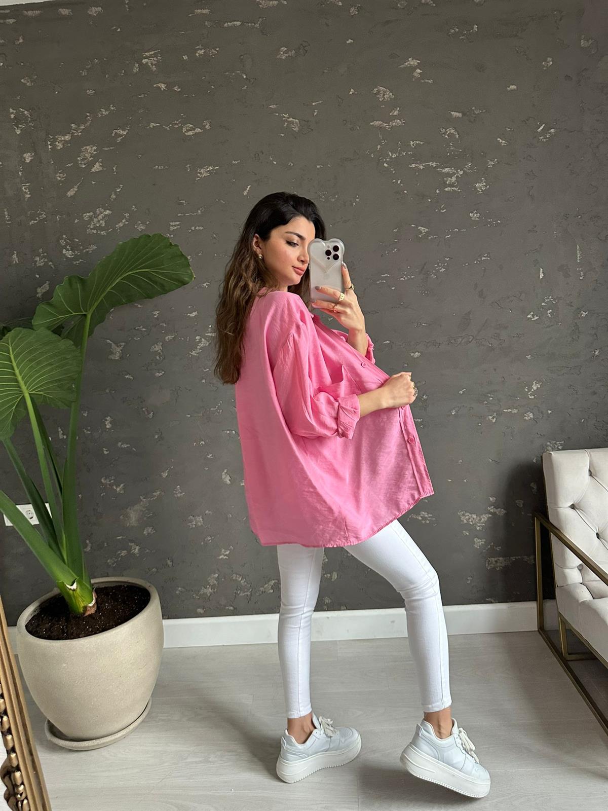 Pembe Omzu Düşük Alice Gömlek