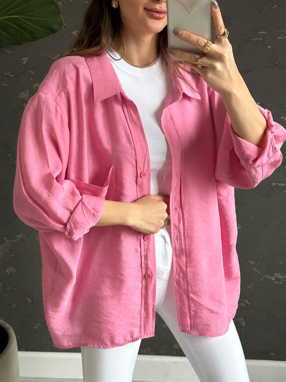 Pembe Omzu Düşük Alice Gömlek