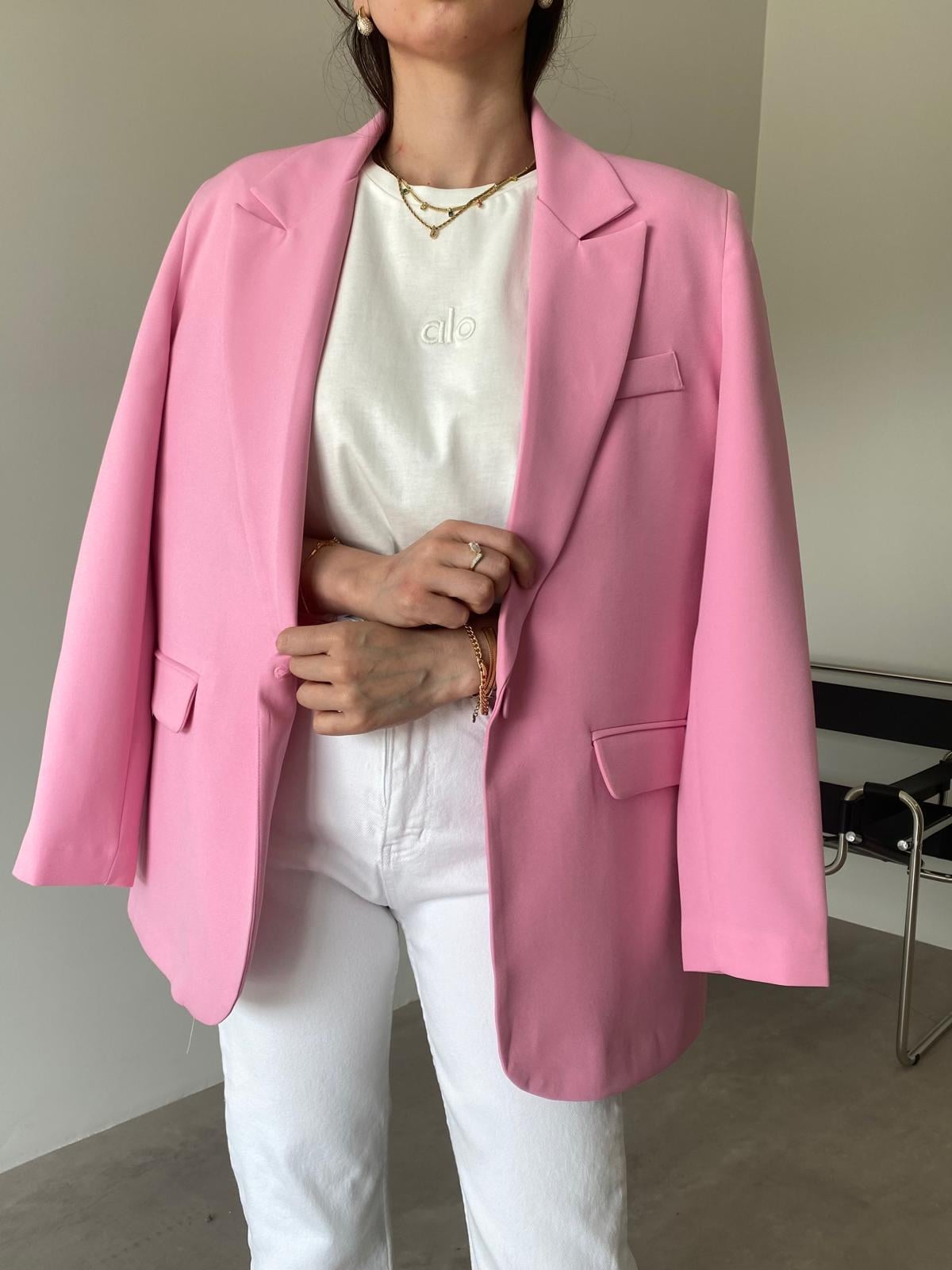 Pembe Tek Düğmeli Blazer Ceket