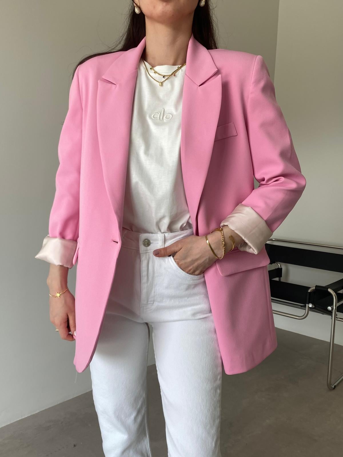 Pembe Tek Düğmeli Blazer Ceket