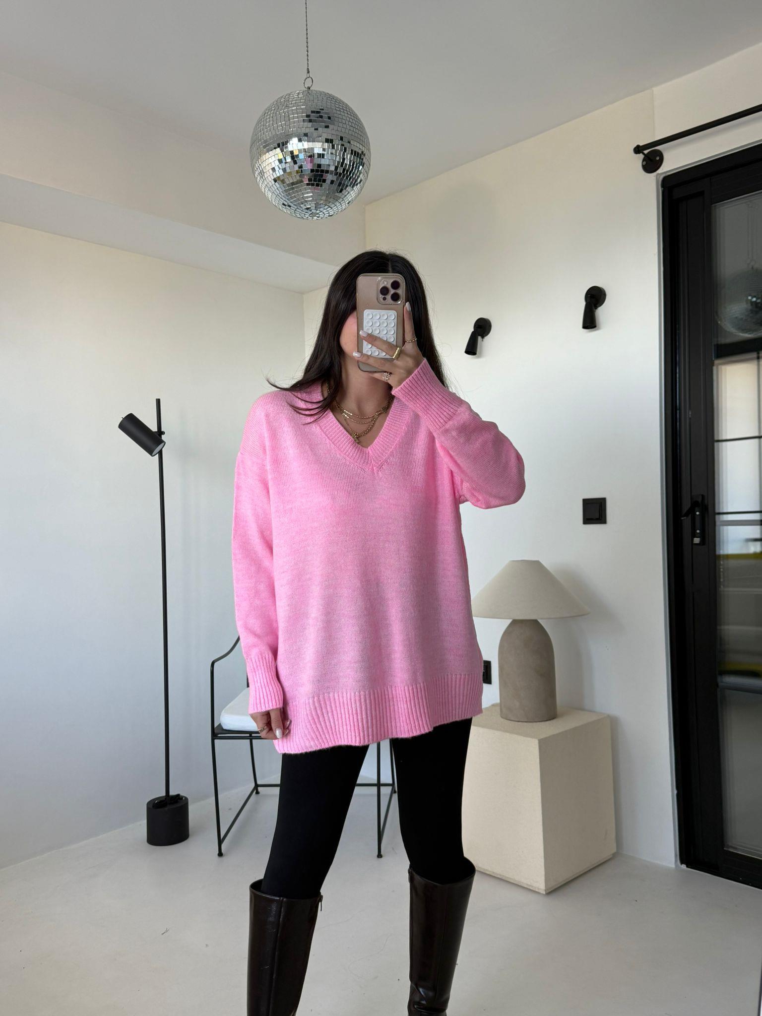 Pembe V Yaka Oversize Kazak
