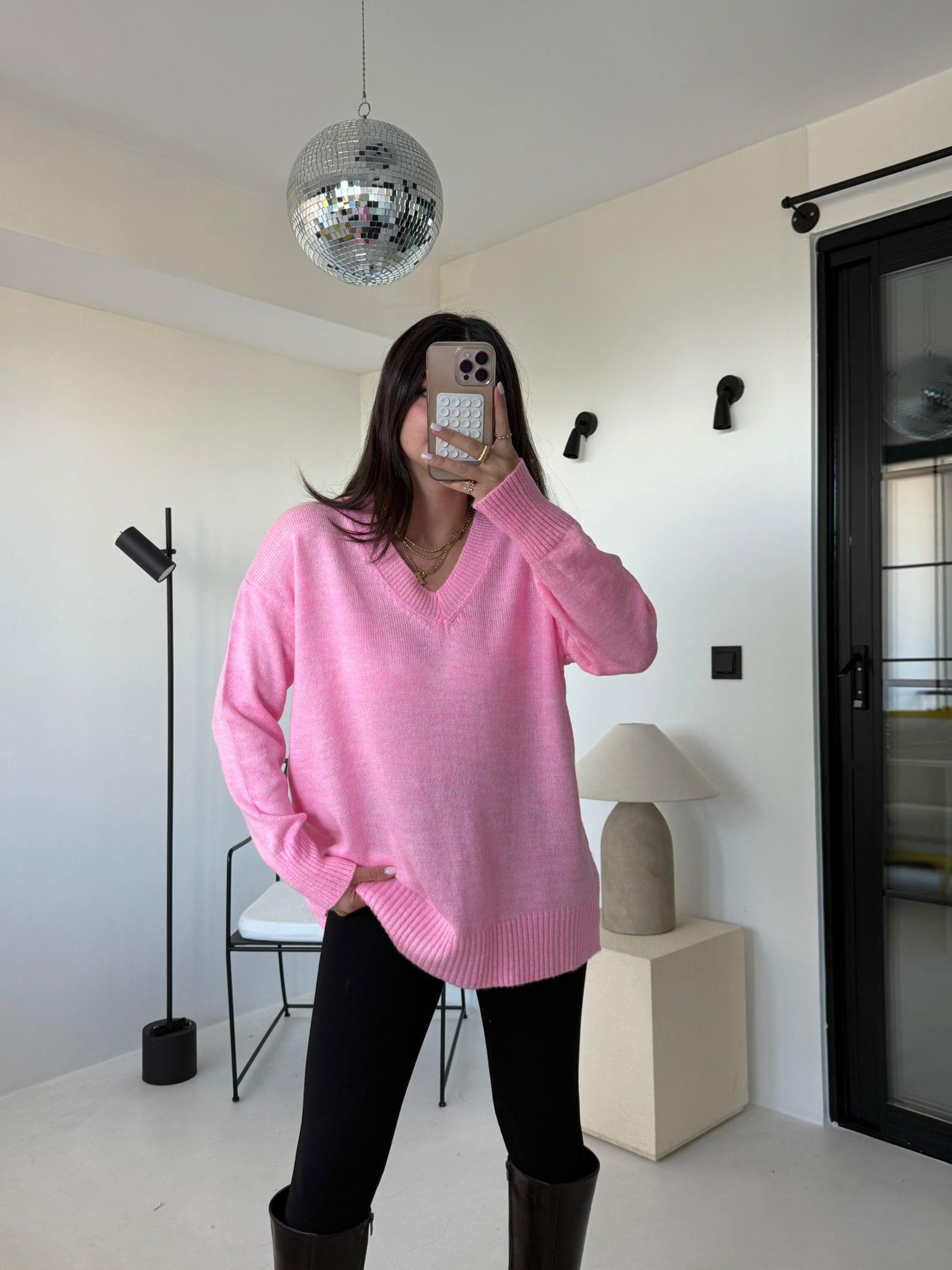 Pembe V Yaka Oversize Kazak